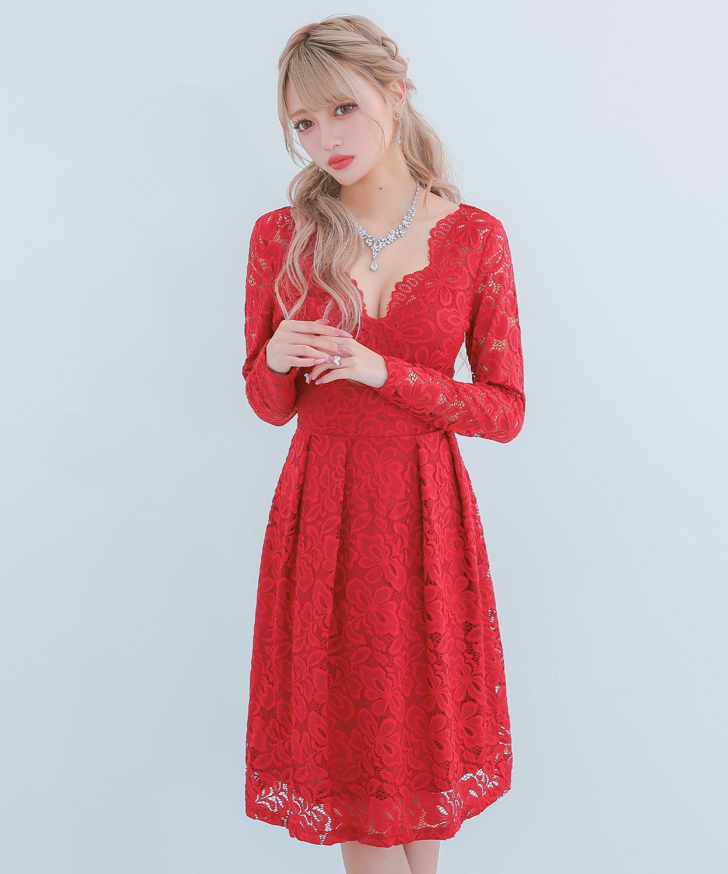 ティカ Tika キャバドレス 総レース長袖ハイウエスト切替フレア膝丈プチプラドレス (Sサイズ~XXXLサイズ) (ワインレッド) ワインレッド