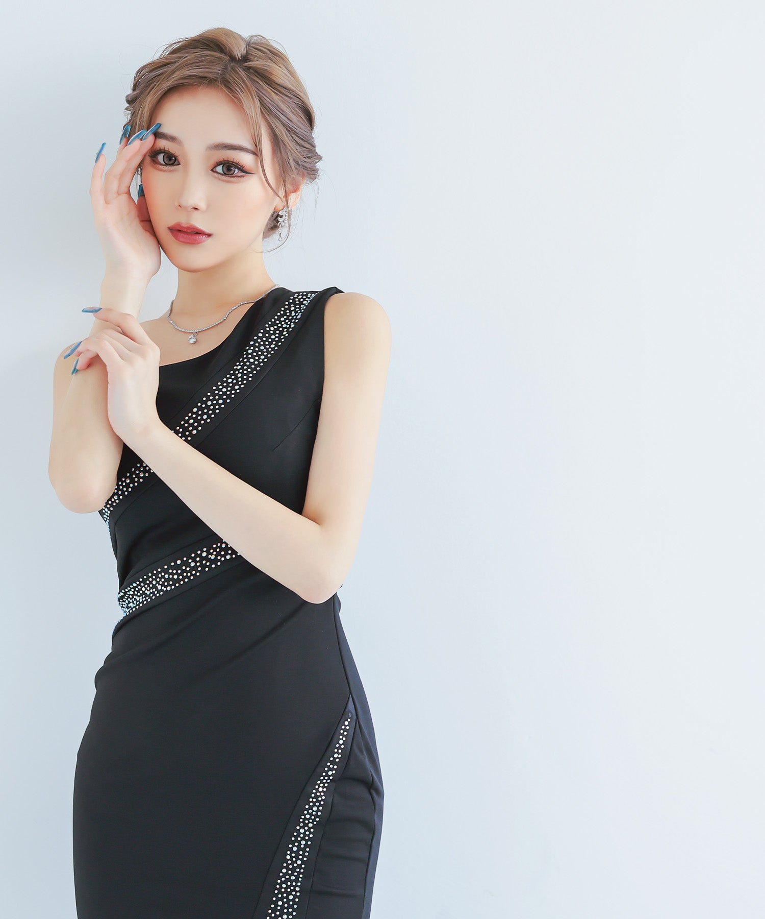 ティカ Tika キャバドレス ワンショルダービジューラインマーメイドロングドレス (Sサイズ~XLサイズ) (ブラック) ブラック