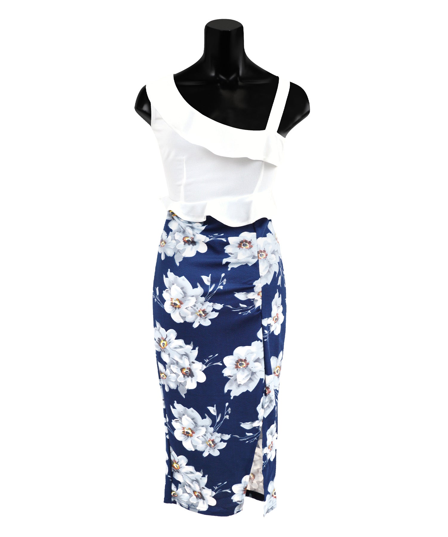 ティカ Tika キャバドレス 胸元フリルワンショルダー花柄膝丈ドレス (Sサイズ/Mサイズ) (ネイビー) ネイビー