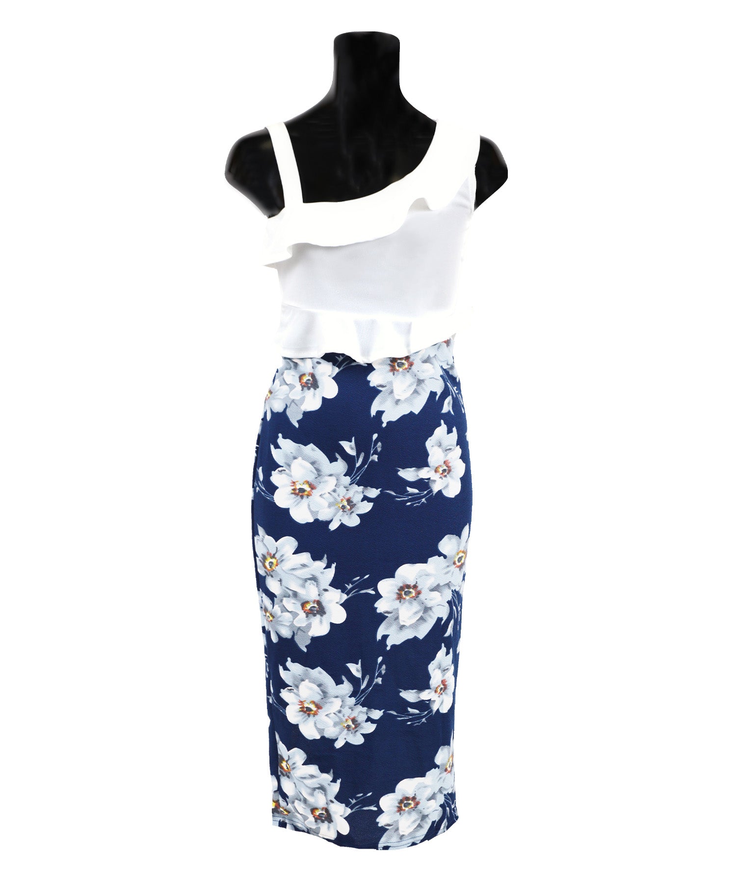 ティカ Tika キャバドレス 胸元フリルワンショルダー花柄膝丈ドレス (Sサイズ/Mサイズ) (ネイビー) ネイビー