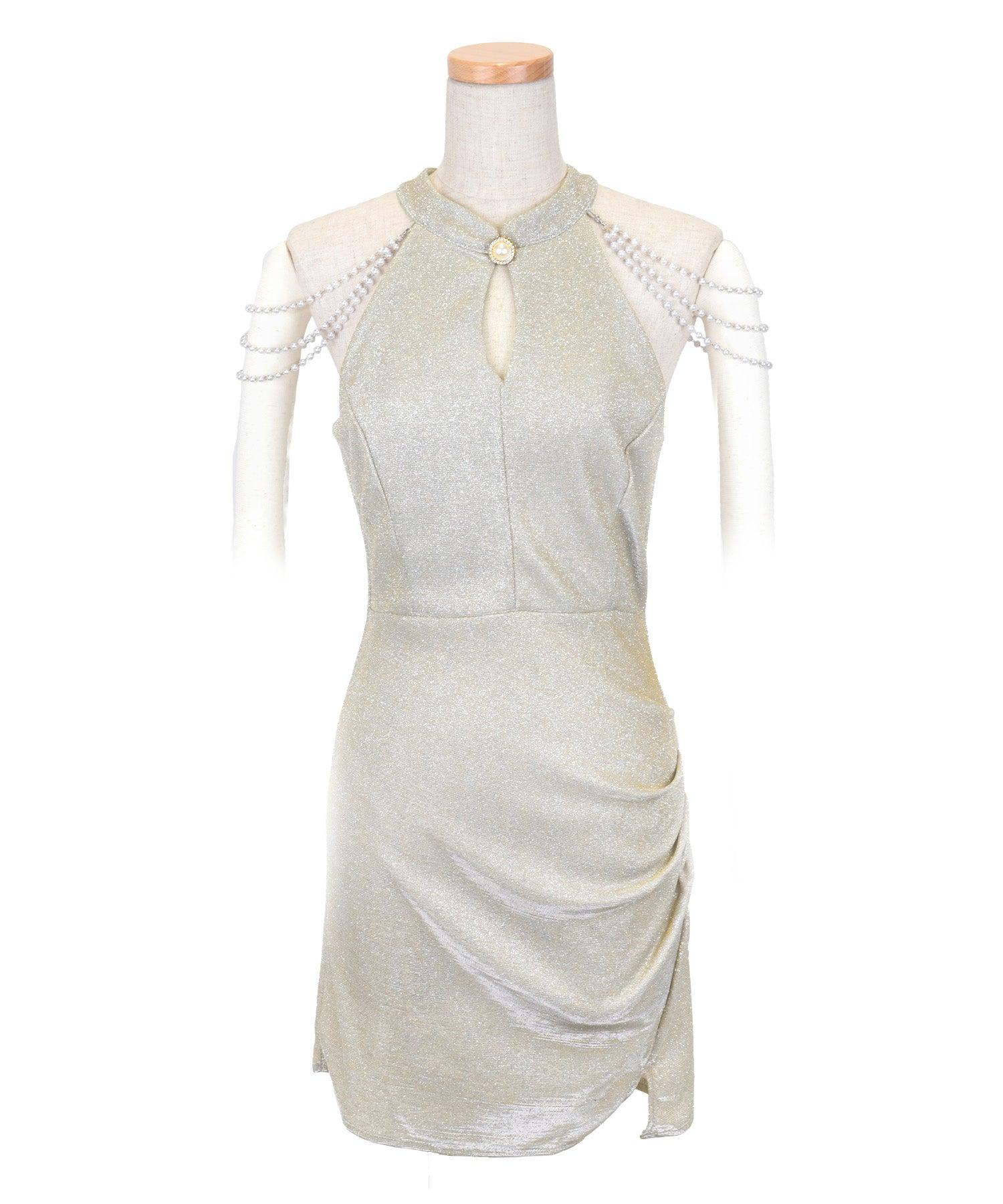 ティカ Tika キャバドレス ウエストリボンラップ風スカート肩あきミニドレス (Mサイズ) (シャンパンゴールド) シャンパンゴールド