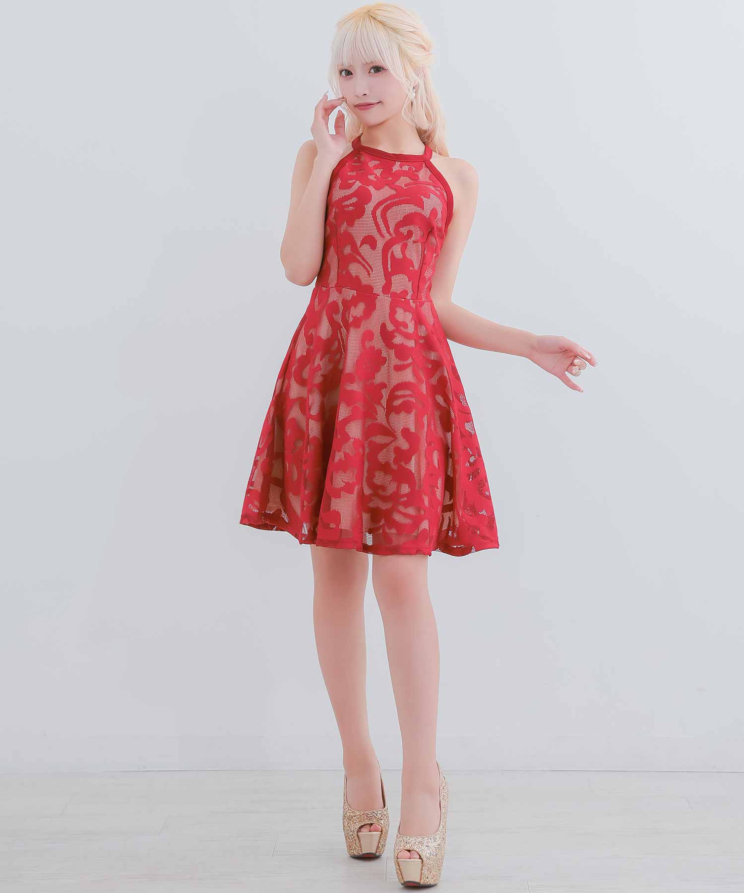 ティカ Tika キャバドレス メッシュレースホルターネックハイウエスト切替フレアミニドレス (Mサイズ/Lサイズ) (レッド) レッド