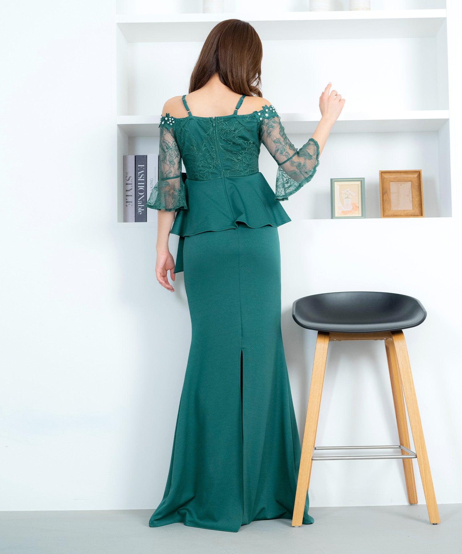 ティカ Tika キャバドレス肩あき 3Dフラワー パール シアーレース 袖あり ウエストリボン ペプラム ストレッチ バックスリット タイトロングドレス (Sサイズ~XXLサイズ) (グリーン) グリーン