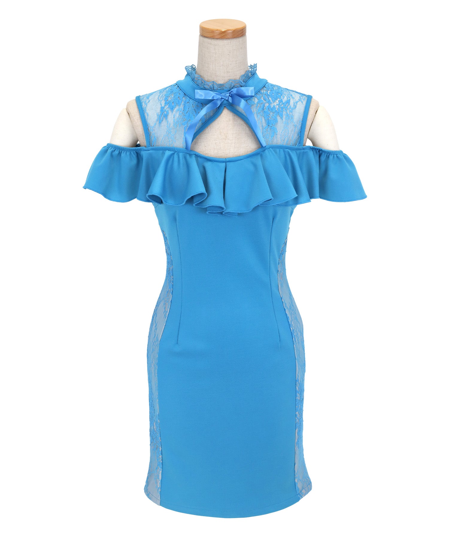 ティカ Tika キャバドレスネックリボン肩あきフリル袖カットアウトヌーディーレースストレッチタイトミニドレス (Sサイズ~XXXXLサイズ) (ブルー) ブルー