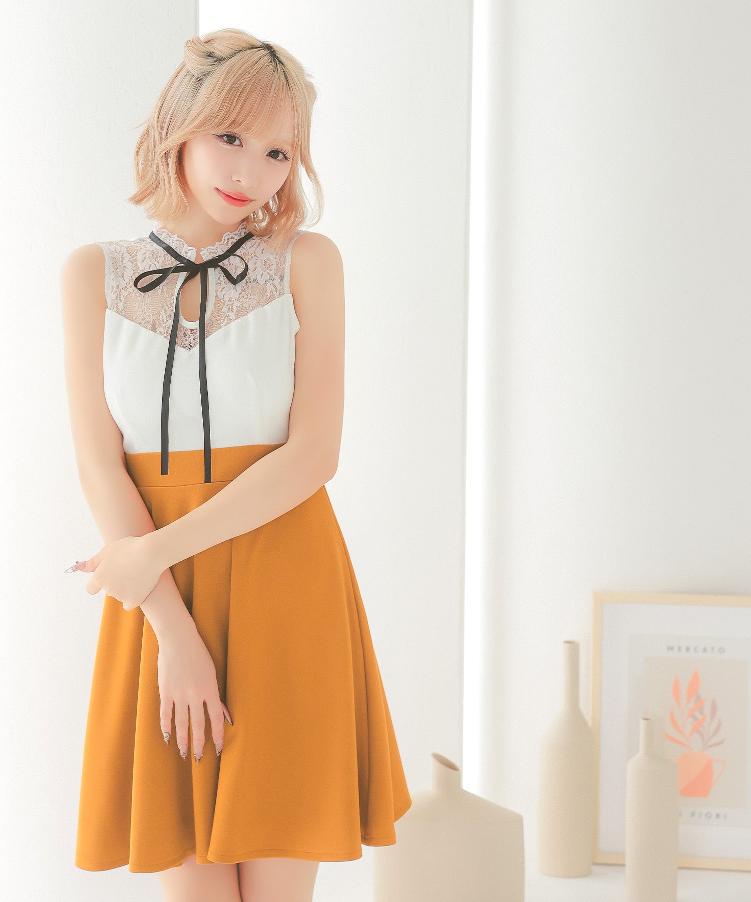 ティカ Tika キャバドレスノースリーブ レース ネックリボン バイカラー 切り替え フレアミニドレス (Sサイズ~ XXXXLサイズ) (ホワイト×レッド) ホワイト×レッド