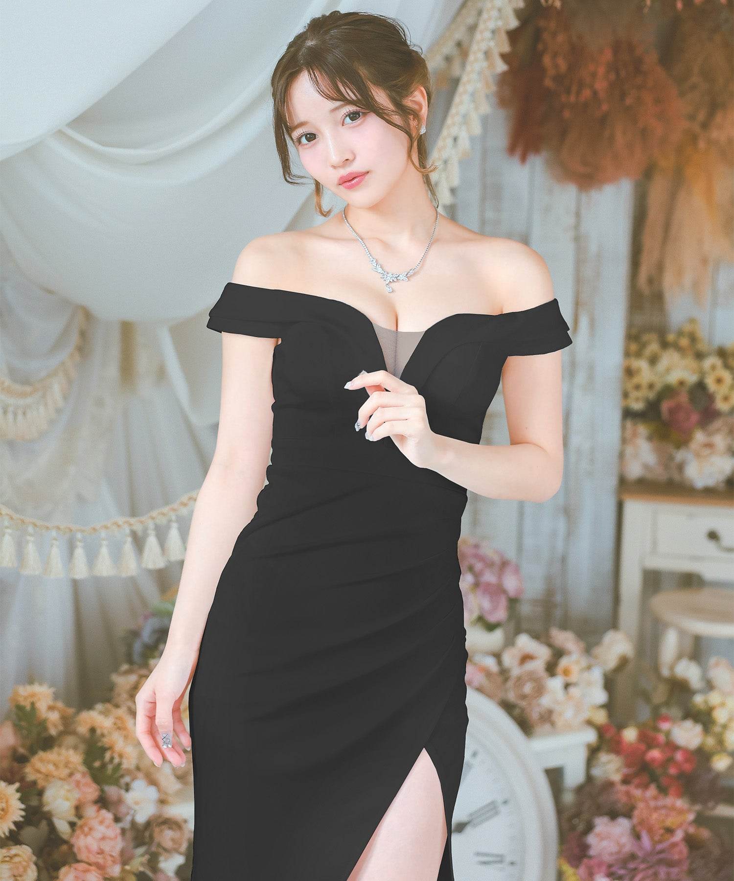 dress tight long Tika cabaret dress off-shoulder cleavage revealing bust sheer one colo