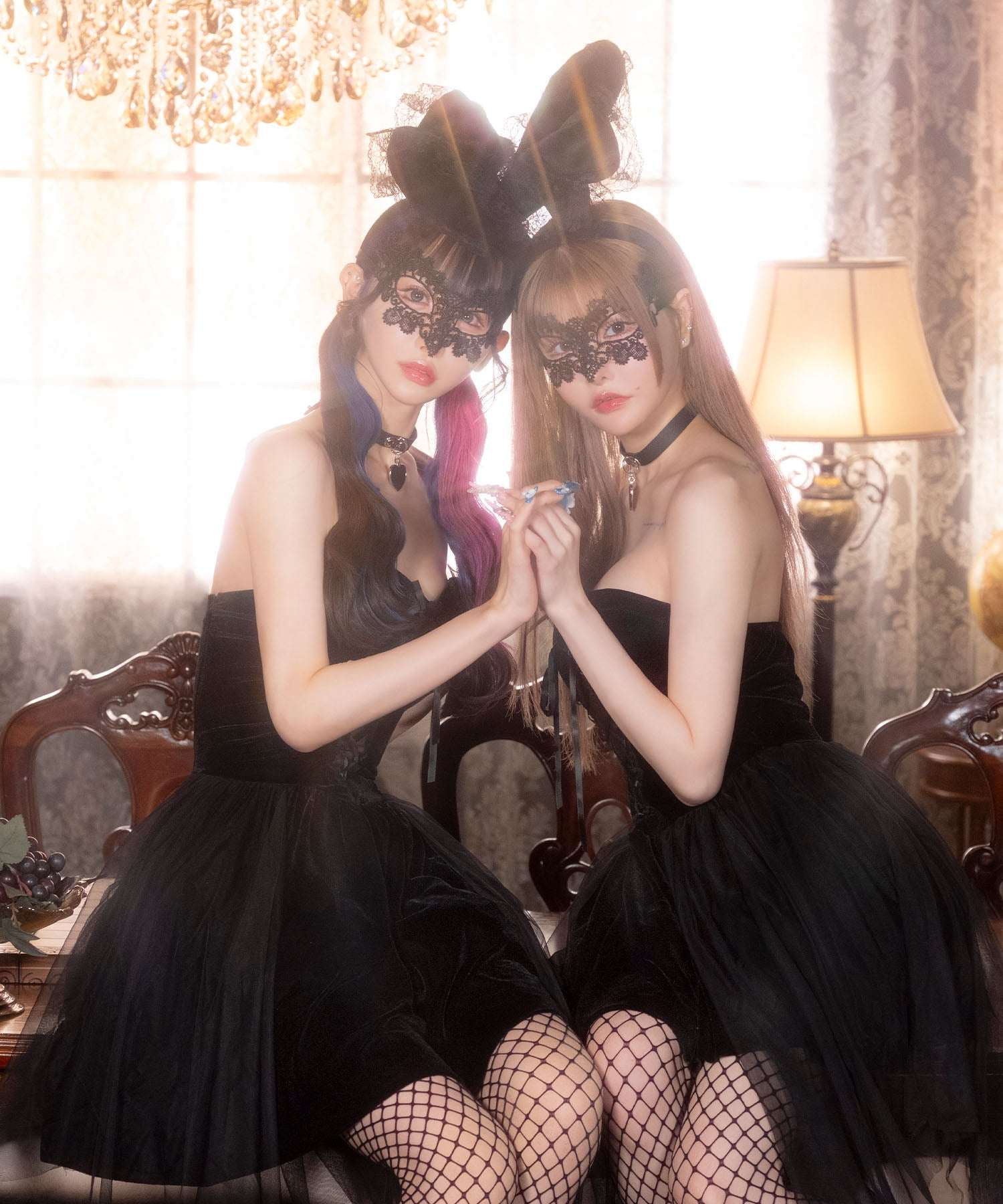 ティカ Tika ハロウィン コスプレ セクシー ベロア ベア レースアップ アシメチュール フレアスカート ツイン セクシー バニー 5点セット (チョーカー/ワンピース/カチューシャ/アイマスク/ニーハイソックス)【返品不可商品】 (ブラック) ブラック