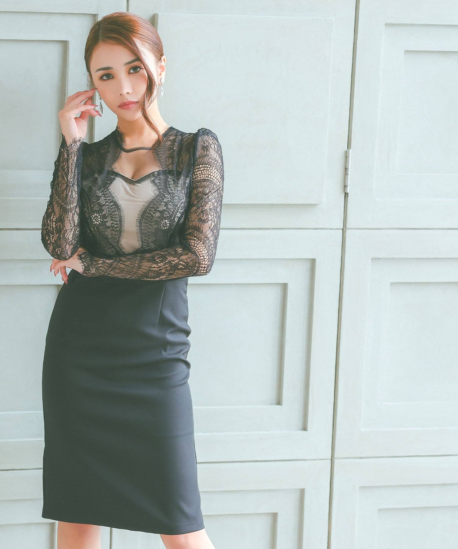 ティカ Tika キャバドレス タイト 膝丈ドレス 袖あり スカラップレース 大人 上品 ストレッチ 長袖 (ブラック) ブラック