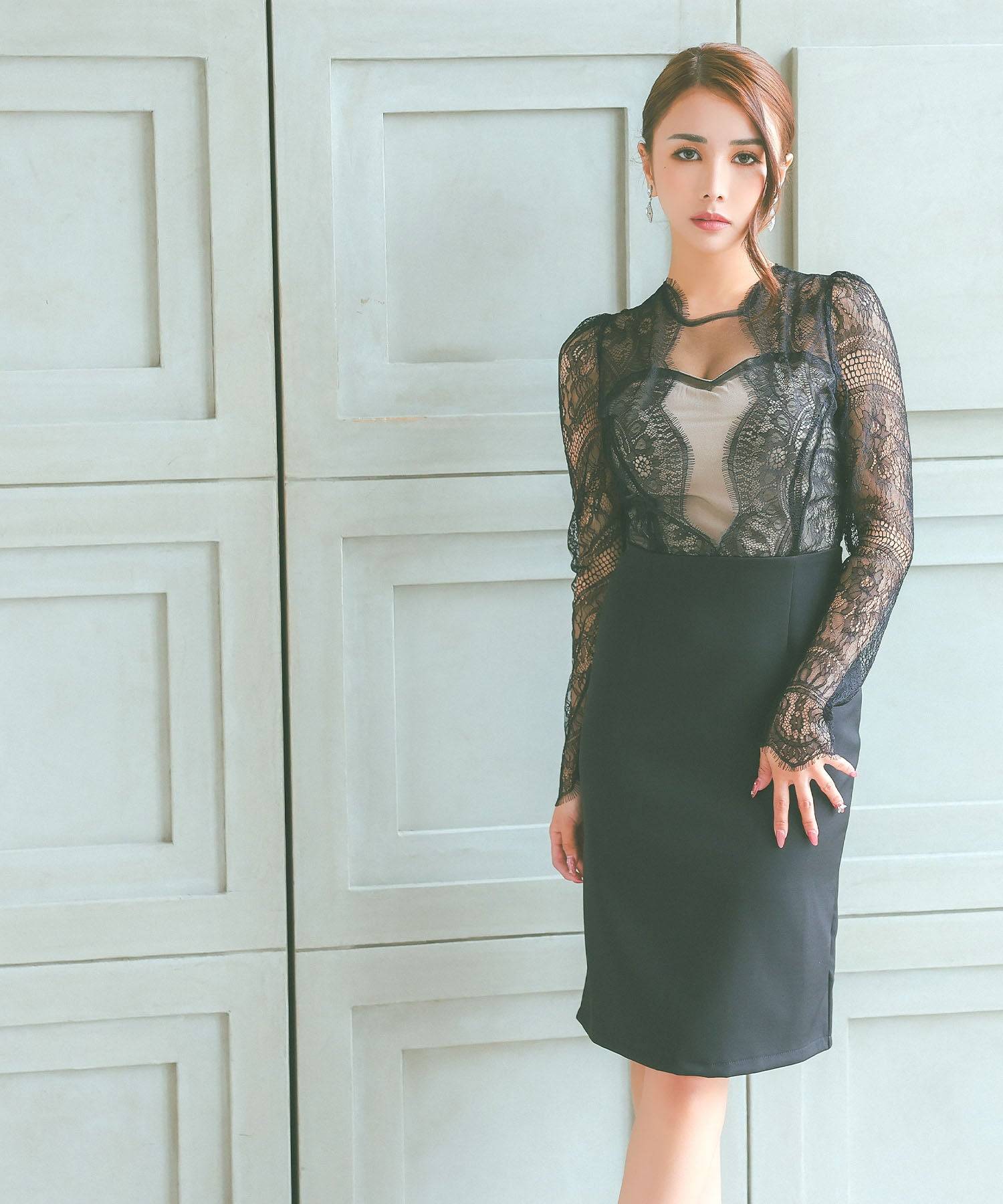 ティカ Tika キャバドレス タイト 膝丈ドレス 袖あり スカラップレース 大人 上品 ストレッチ 長袖 (ブラック) ブラック