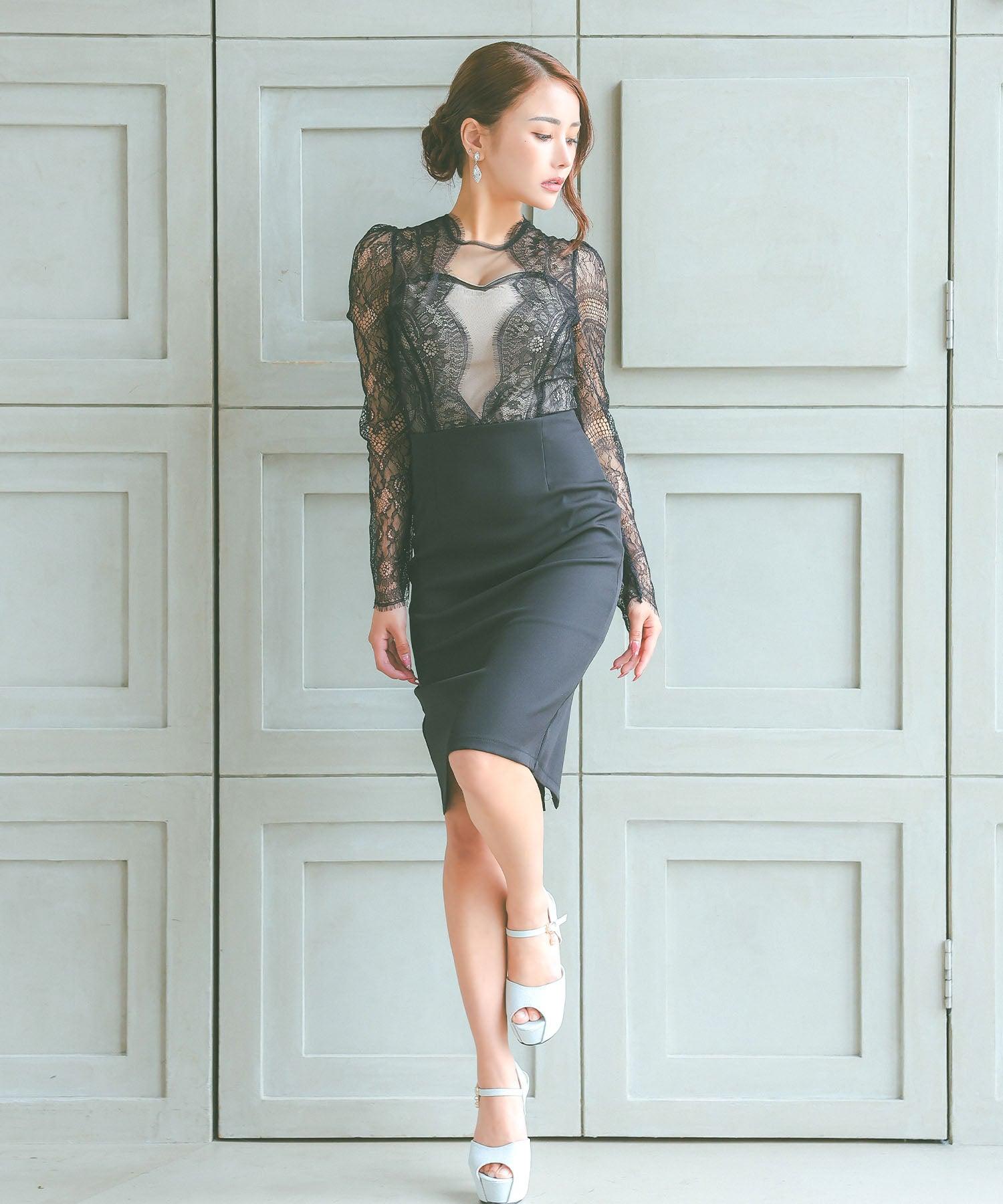 ティカ Tika キャバドレス タイト 膝丈ドレス 袖あり スカラップレース 大人 上品 ストレッチ 長袖 (ブラック) ブラック