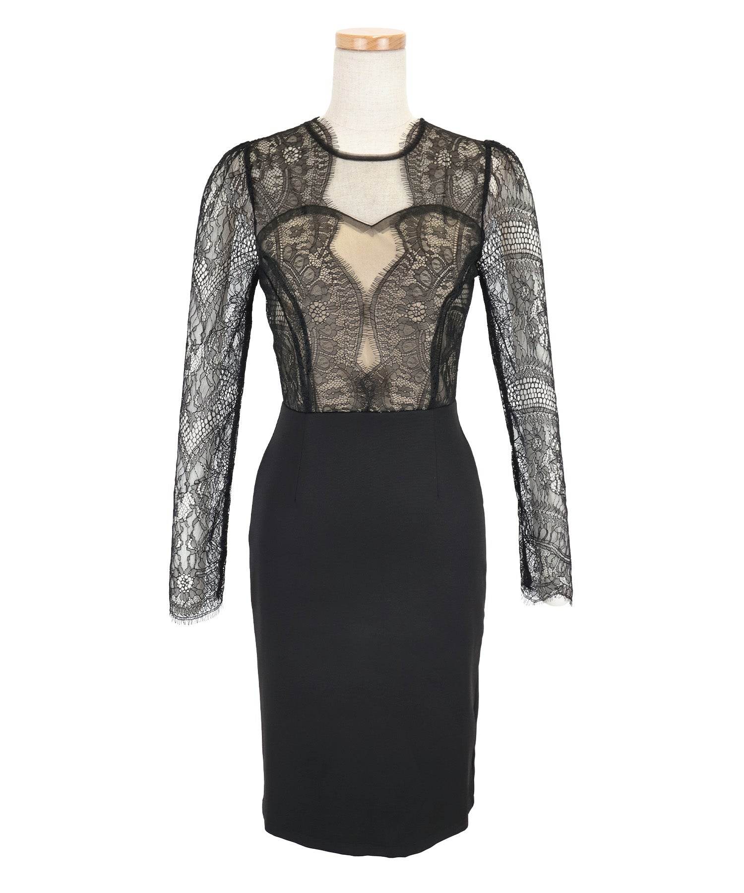 ティカ Tika キャバドレス タイト 膝丈ドレス 袖あり スカラップレース 大人 上品 ストレッチ 長袖 (ブラック) ブラック