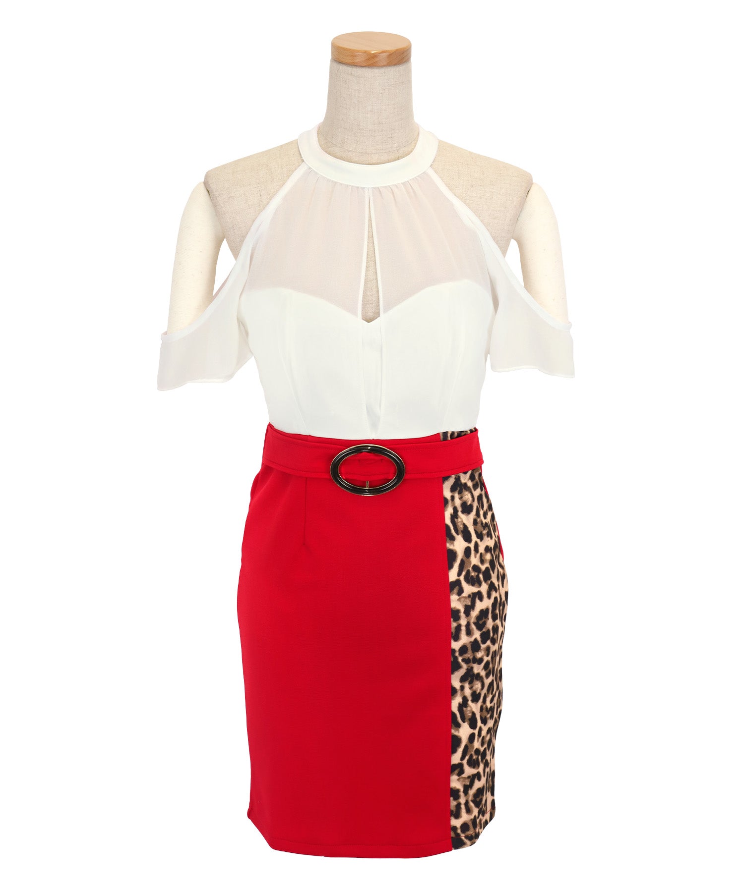 ティカ Tika キャバドレス タイトミニドレス 谷間 大きいサイズ ストレッチ ホルターネック 肩出し ウエストベルト レオパード (ホワイト×レッド) ホワイト×レッド