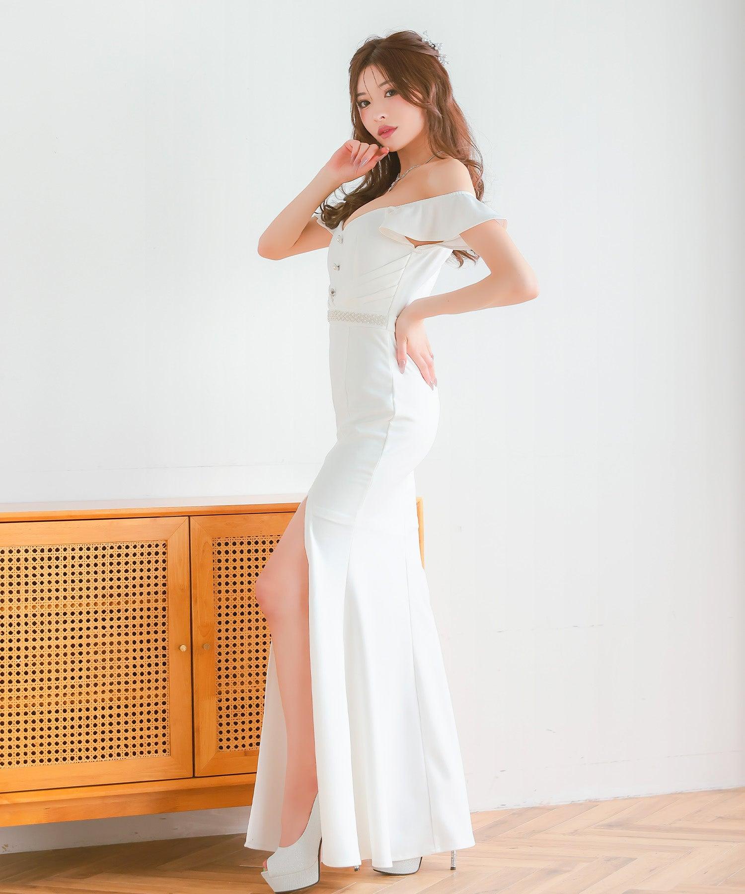 ティカ Tika キャバドレス タイト ロングドレス 谷間 オフショルダー 大きいサイズ シンプル 大人 スリット 上品 ストレッチ パール ビジュー (ホワイト) ホワイト