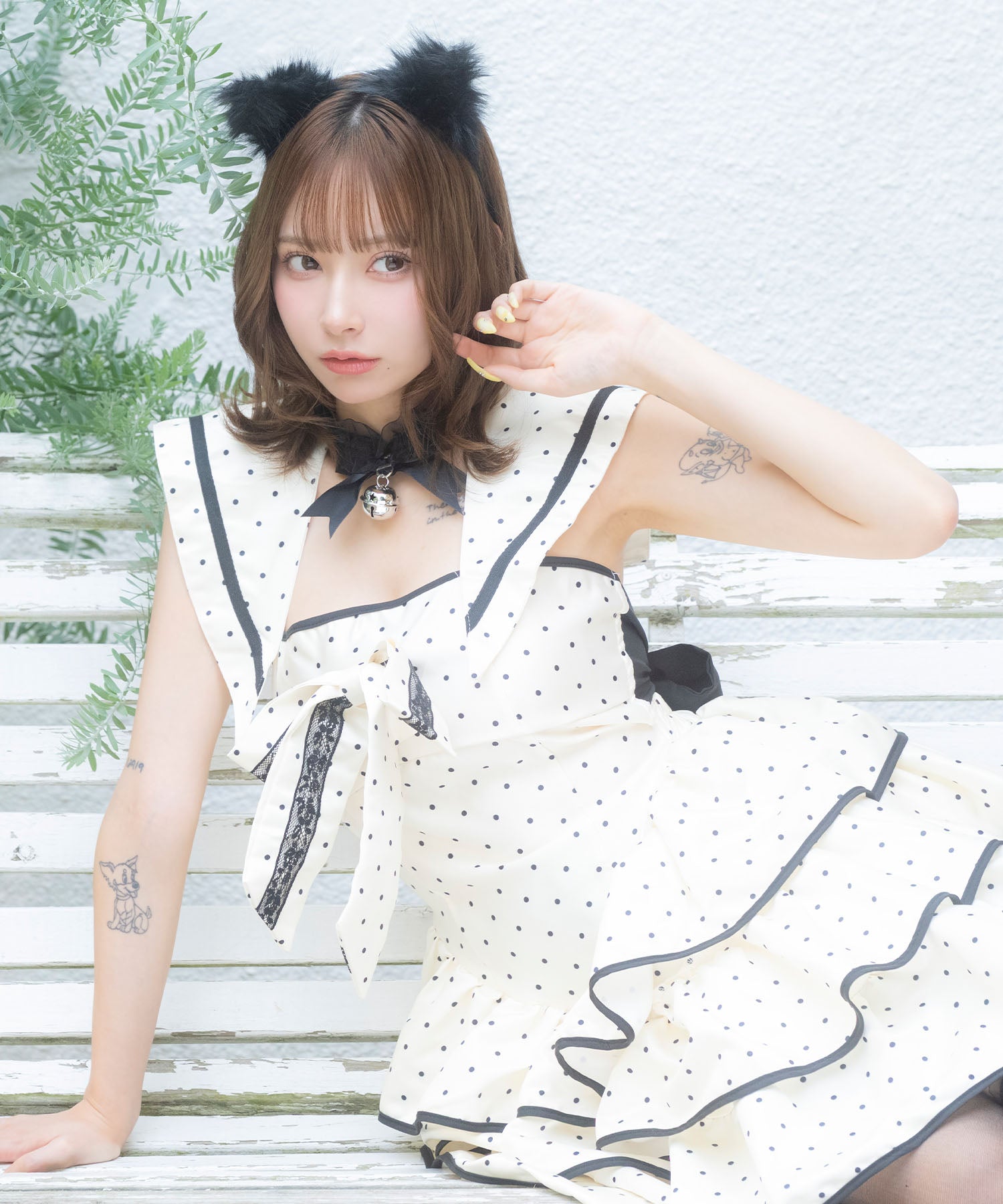 ティカ Tika コスプレ かわいい 猫 体型カバー ドット フリル フレアスカート バックリボン ガーリー 2Way マリン アニマル ハロウィン 4点セット (クリーム) クリーム