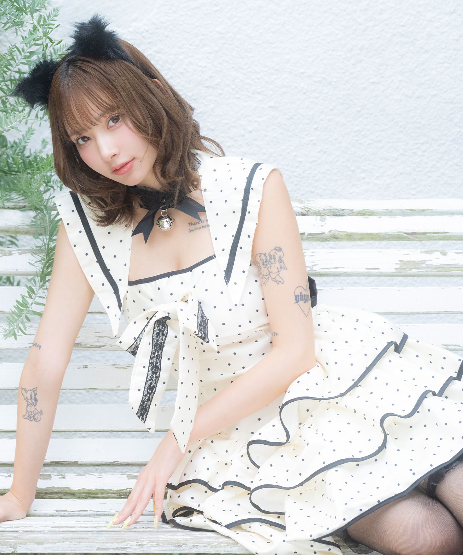 ティカ Tika コスプレ かわいい 猫 体型カバー ドット フリル フレアスカート バックリボン ガーリー 2Way マリン アニマル ハロウィン 4点セット (クリーム) クリーム