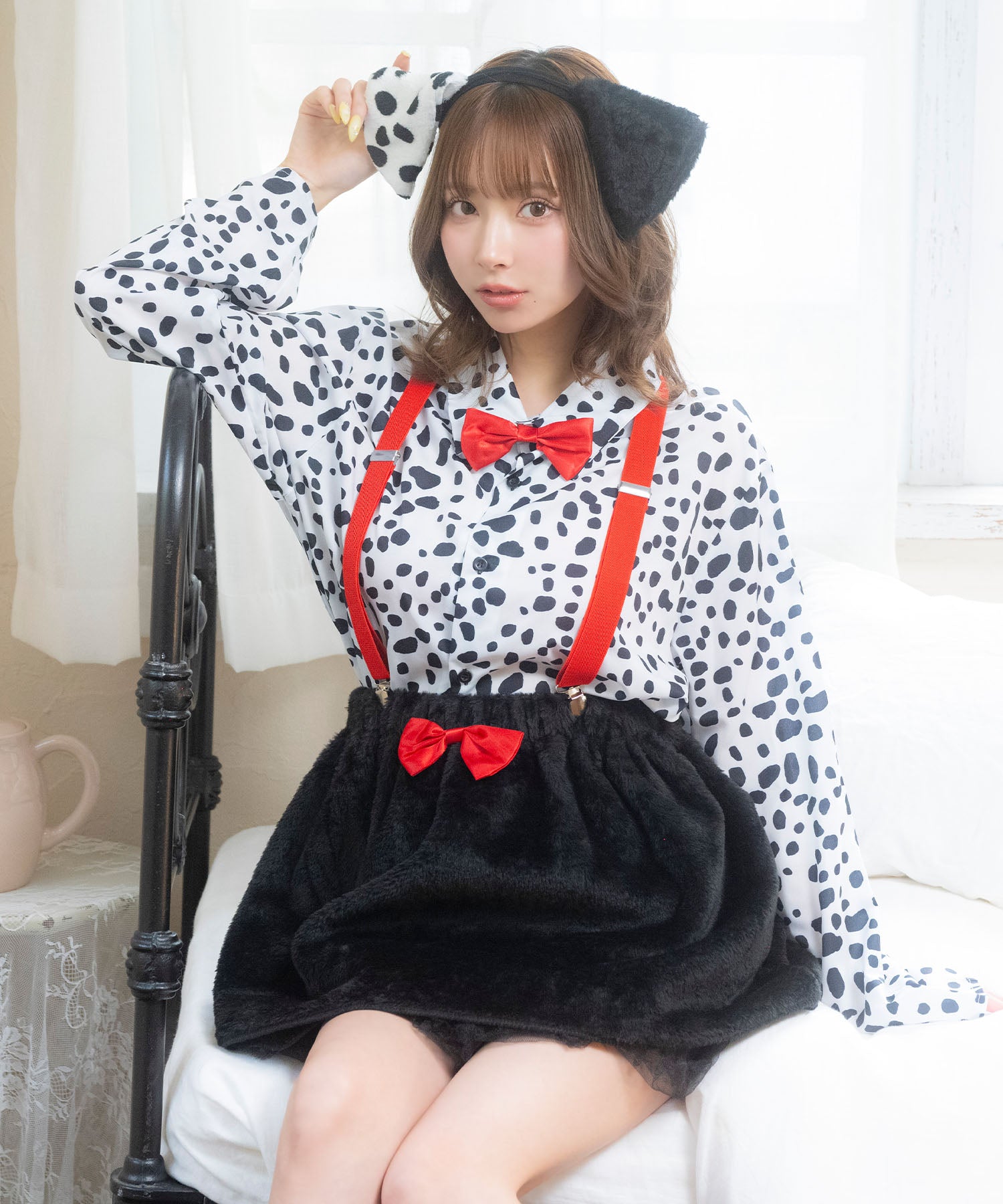 ティカ Tika コスプレ かわいい ダルメシアン サスペンダー付き もこもこ フレアスカート 体型カバー 袖あり ガーリー アニマル 5点セット ハロウィン (ホワイト×ブラック) ホワイト×ブラック