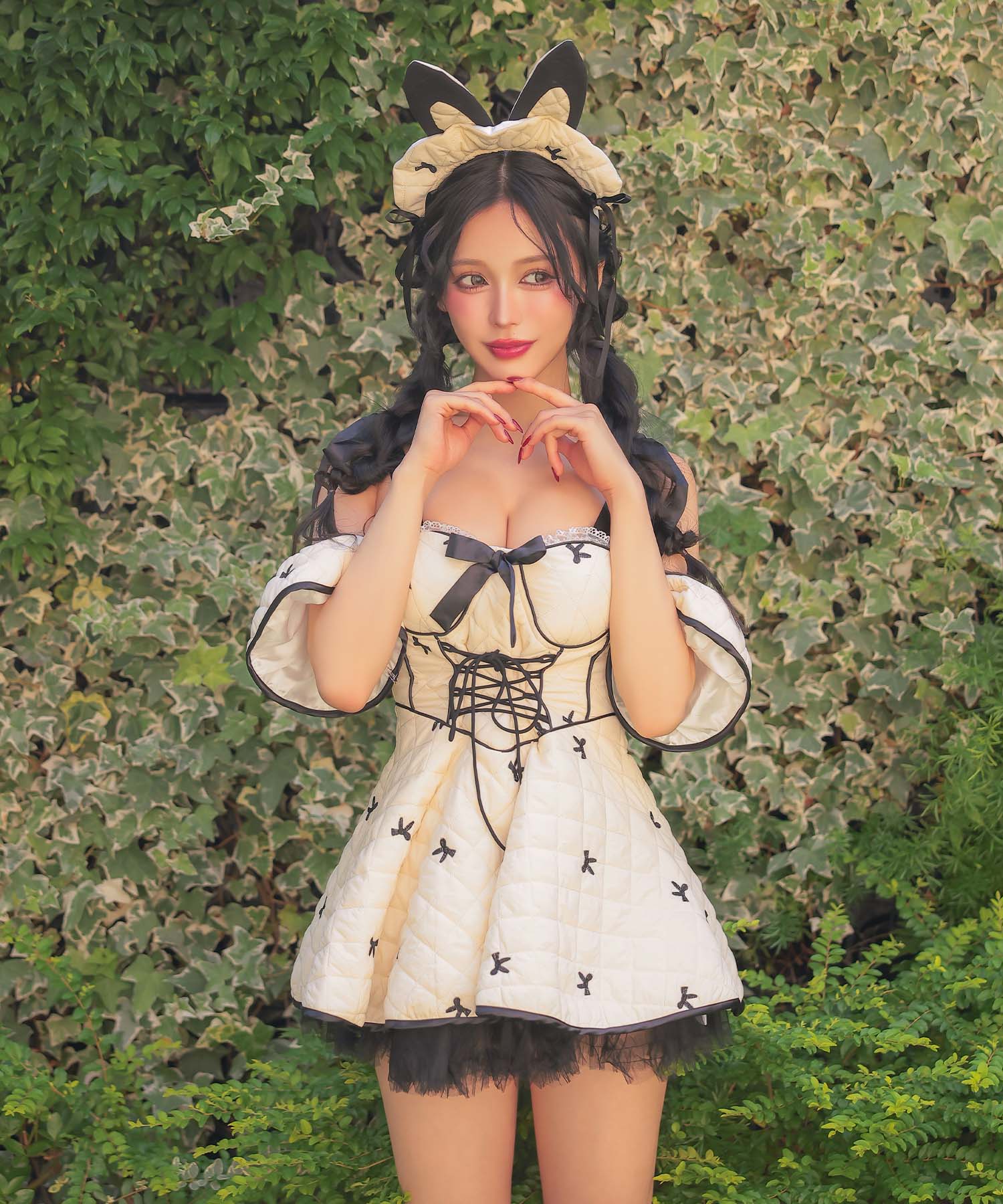 ティカ Tika コスプレ セクシー バニー キルティング パイピング リボン フレアスカート ガーリー ツイン ハロウィン 3点セット (クリーム) クリーム