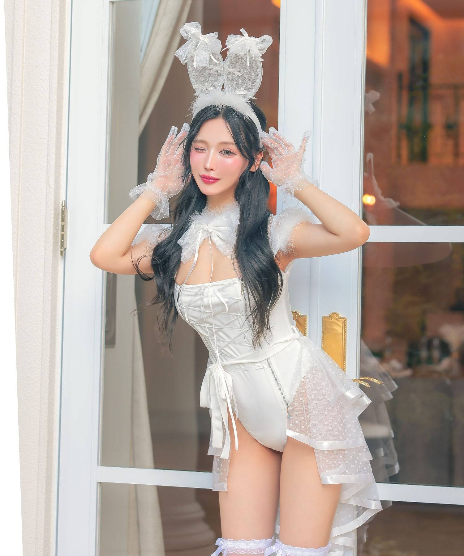 Halloween Costume Sexy Bunny Dot Tulle Feather High Leg Twin 5-Piece S
