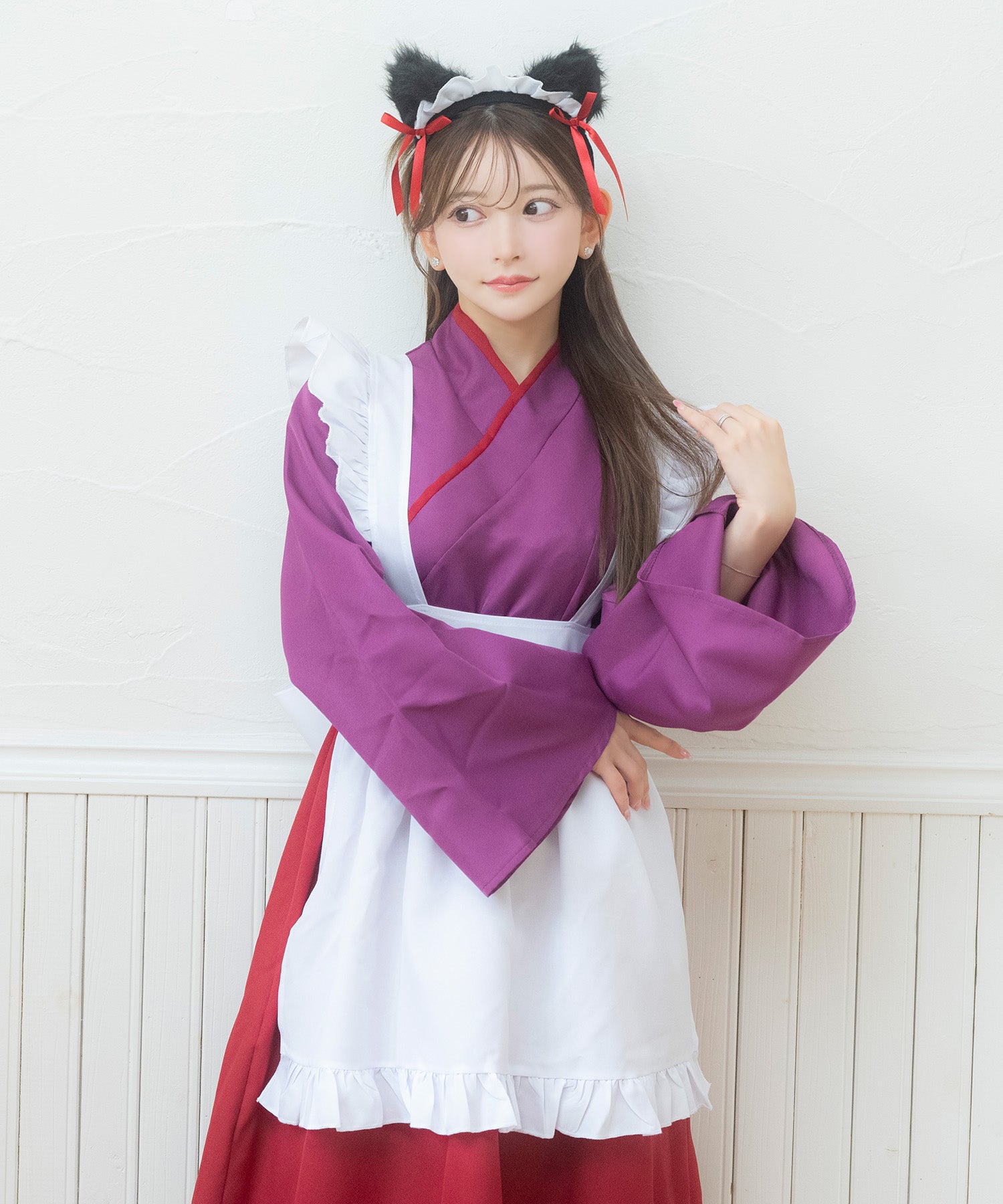 ティカ Tika コスプレ かわいい 猫 メイド 和風 袖あり 体型カバー ロング丈 アニマル ガーリー ハロウィン 3点セット (パープル×ワインレッド) パープル×ワインレッド
