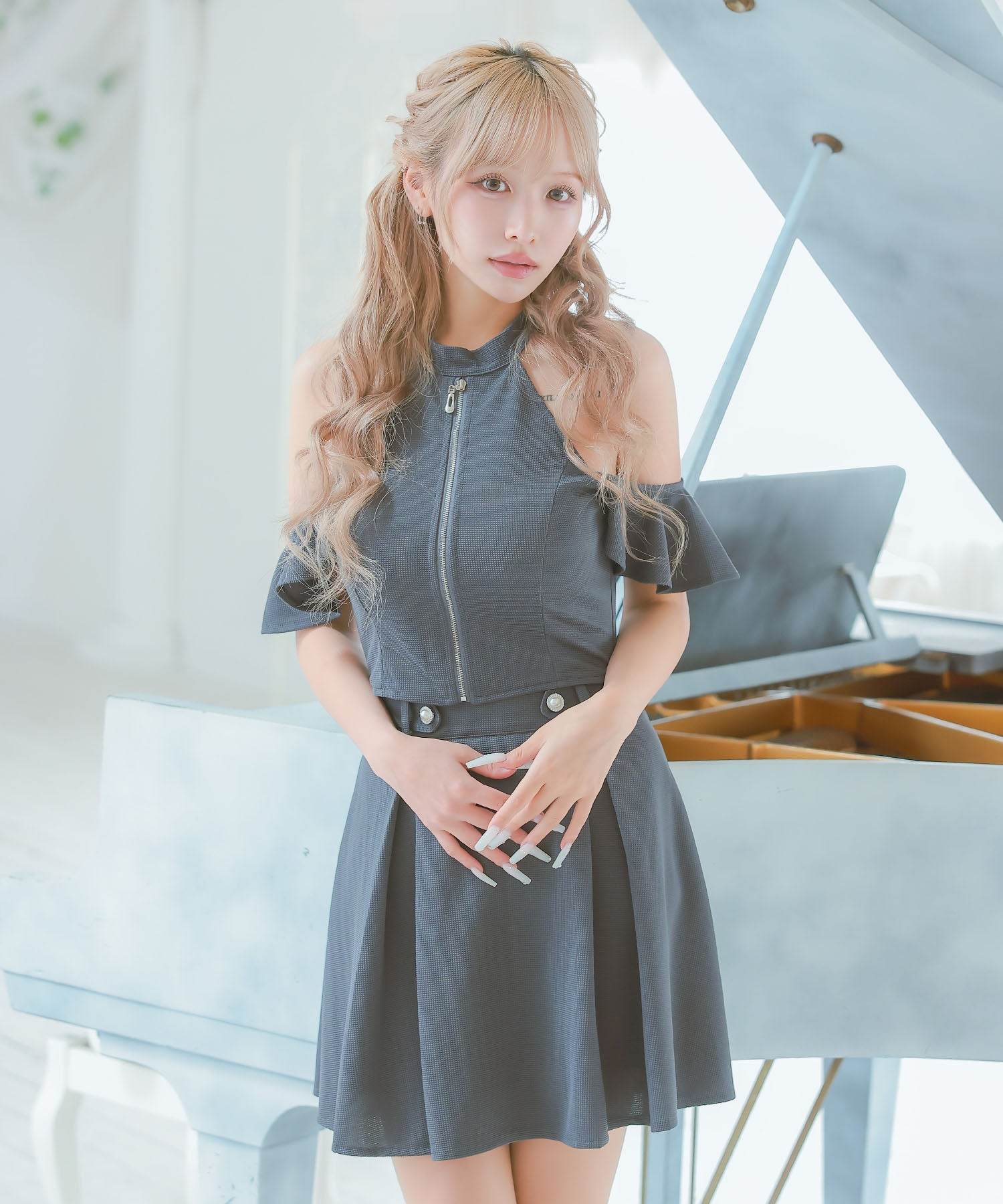 A-Line Mini Dress Set Up with Deep V, Zip, Elegant High Neck, Stretch,