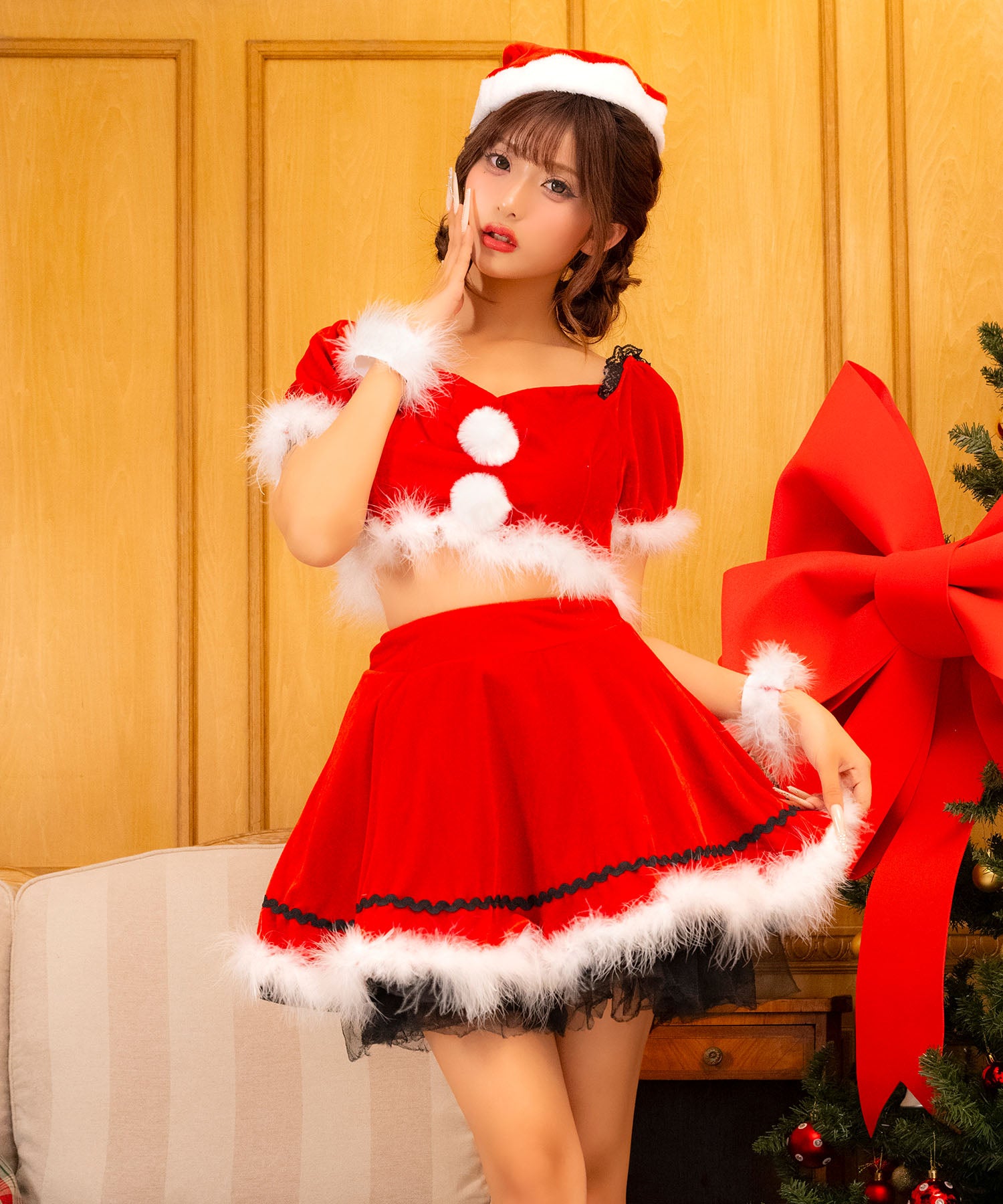 ティカ Tika クリスマスコスプレレースデザイン半袖トップス×フレアスカートセットアップサンタコスチューム4点セット【返品不可商品】(レッド) レッド