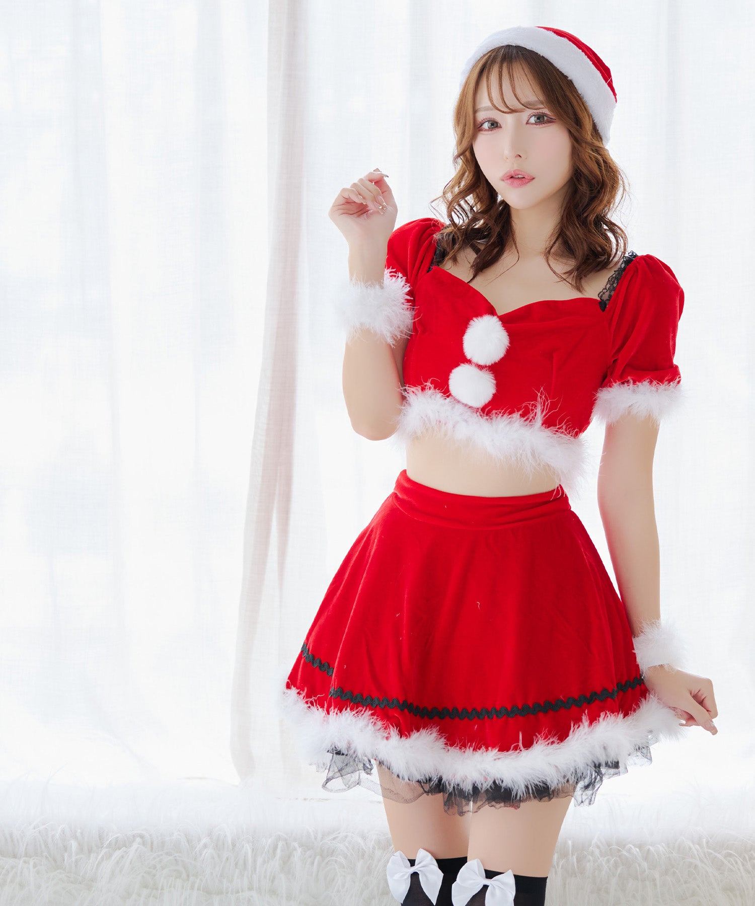 ティカ Tika クリスマスコスプレレースデザイン半袖トップス×フレアスカートセットアップサンタコスチューム4点セット【返品不可商品】(レッド) レッド