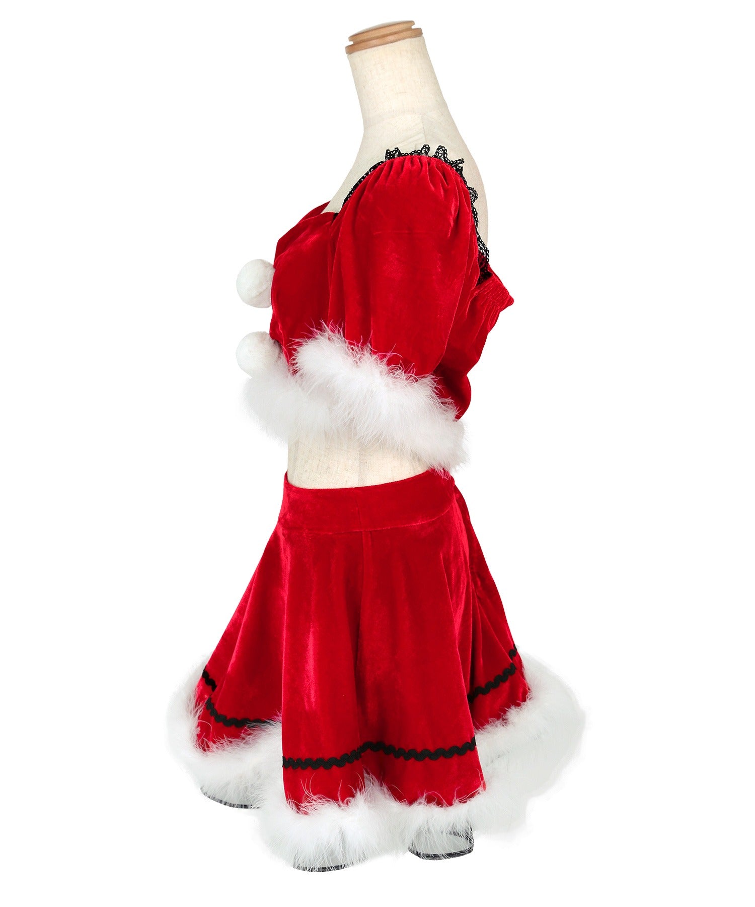 ティカ Tika クリスマスコスプレレースデザイン半袖トップス×フレアスカートセットアップサンタコスチューム4点セット【返品不可商品】(レッド) レッド