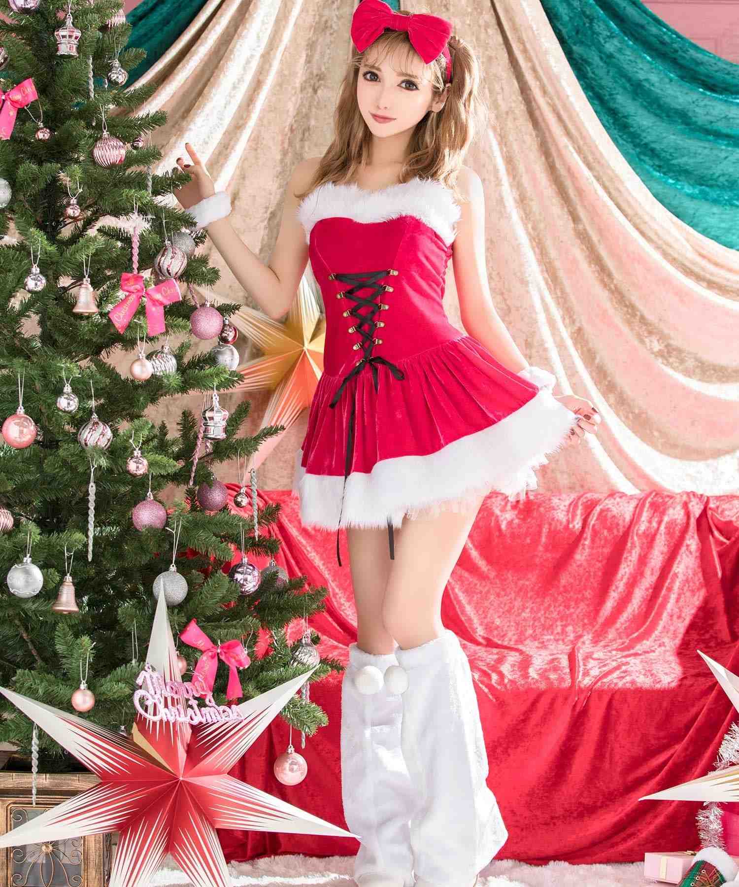 ティカ Tika クリスマスコスプレベロアベアトップフレアワンピースサンタコスチューム6点セット【返品不可商品】