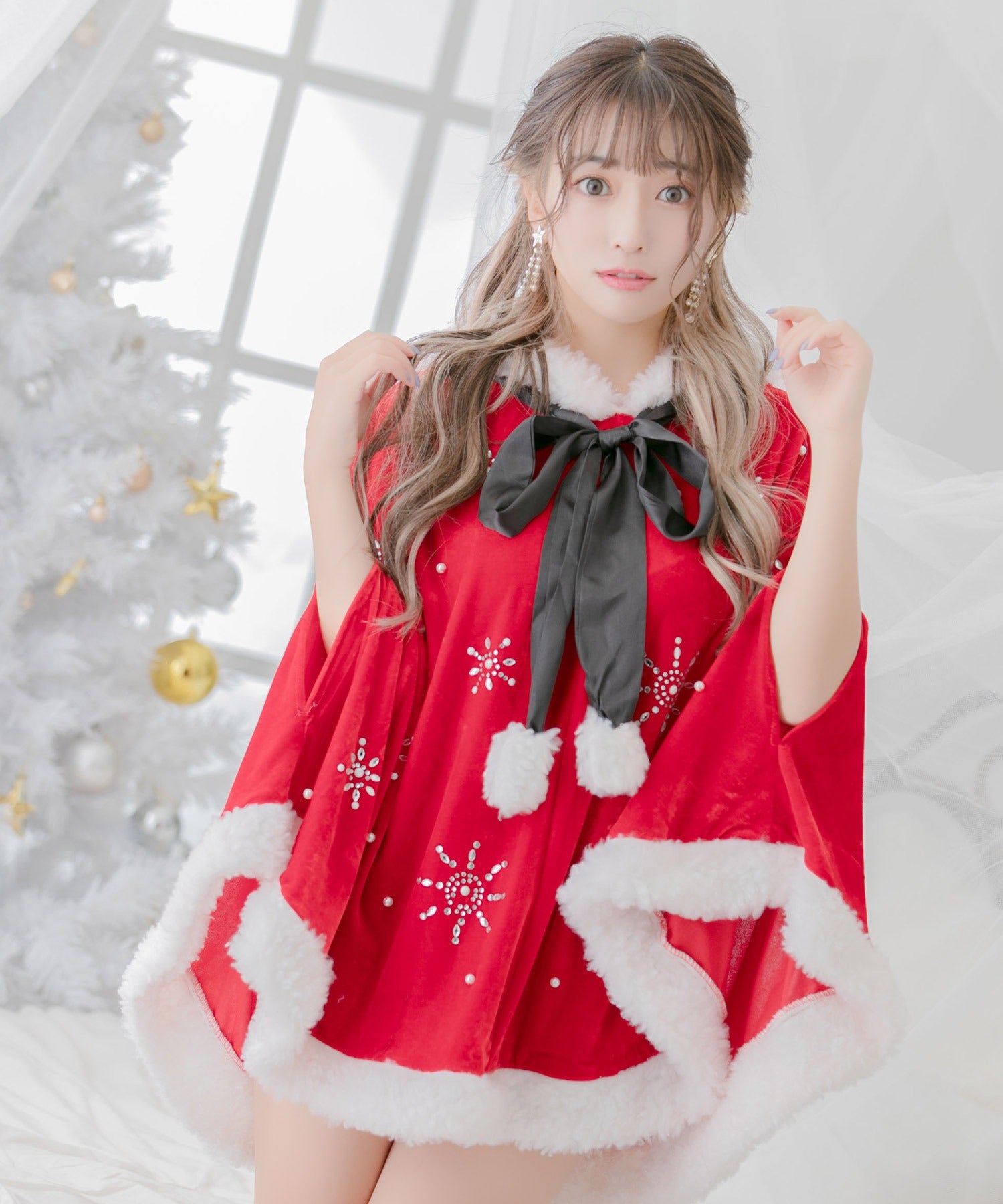 ティカ Tika クリスマスコスプレフードリボンポンチョサンタコスチューム3点セット【返品不可商品】(レッド) レッド