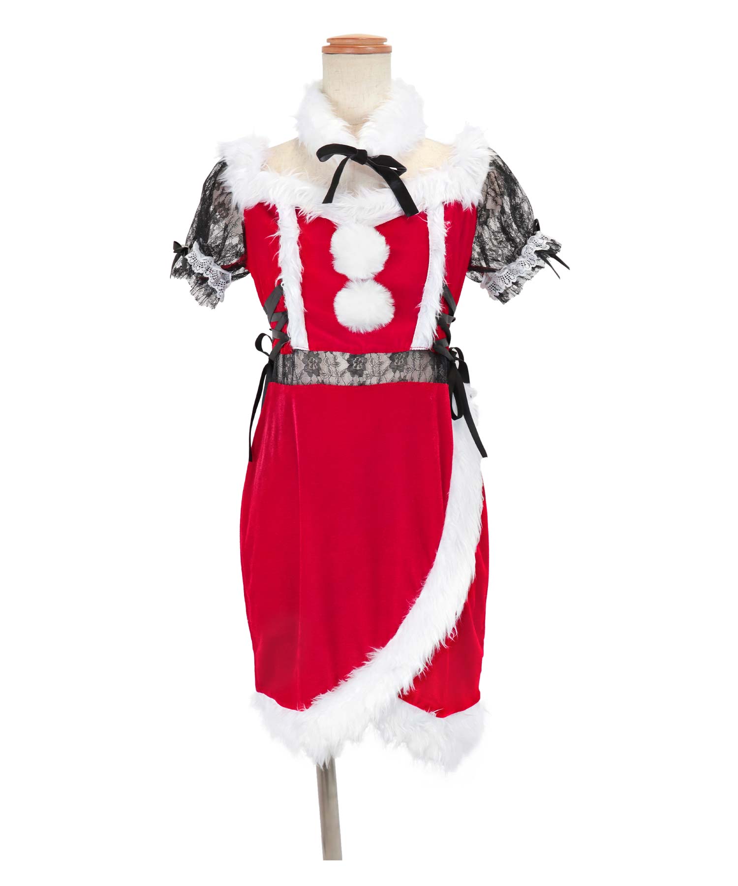 ティカ Tika オフショルブラックフラワーレースへそ出し切替ふわふわラップタイト王道サンタコスプレ サンタコス 6点set【返品不可商品】