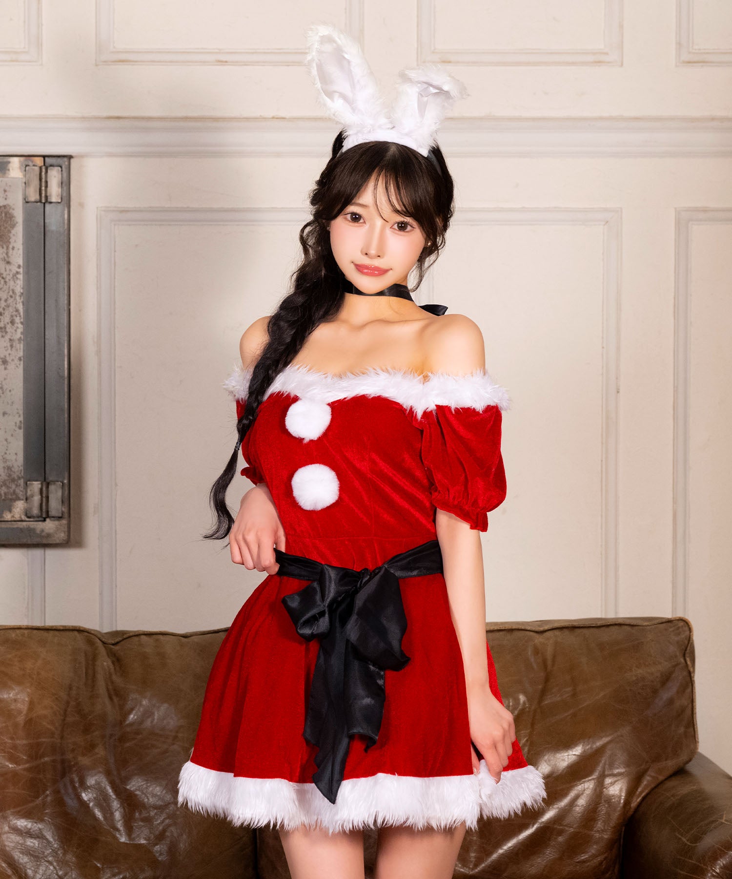 ティカ Tika ふわふわフェザー2wayオフショルサテンウエストリボン付きフレアスカートバニーアニマルサンタコスプレ サンタコス 4点set【返品不可商品】(レッド) レッド