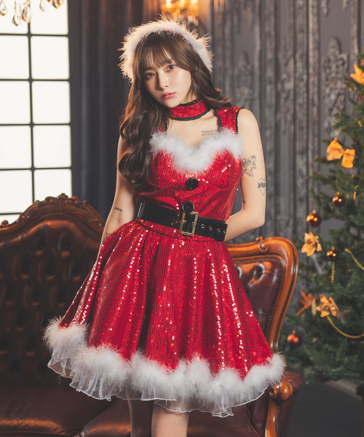 ティカ Tika ふわふわファー付きキラキラスパンコールフレアスカート王道サンタコスプレ サンタコス 4点set【返品不可商品】,レッド