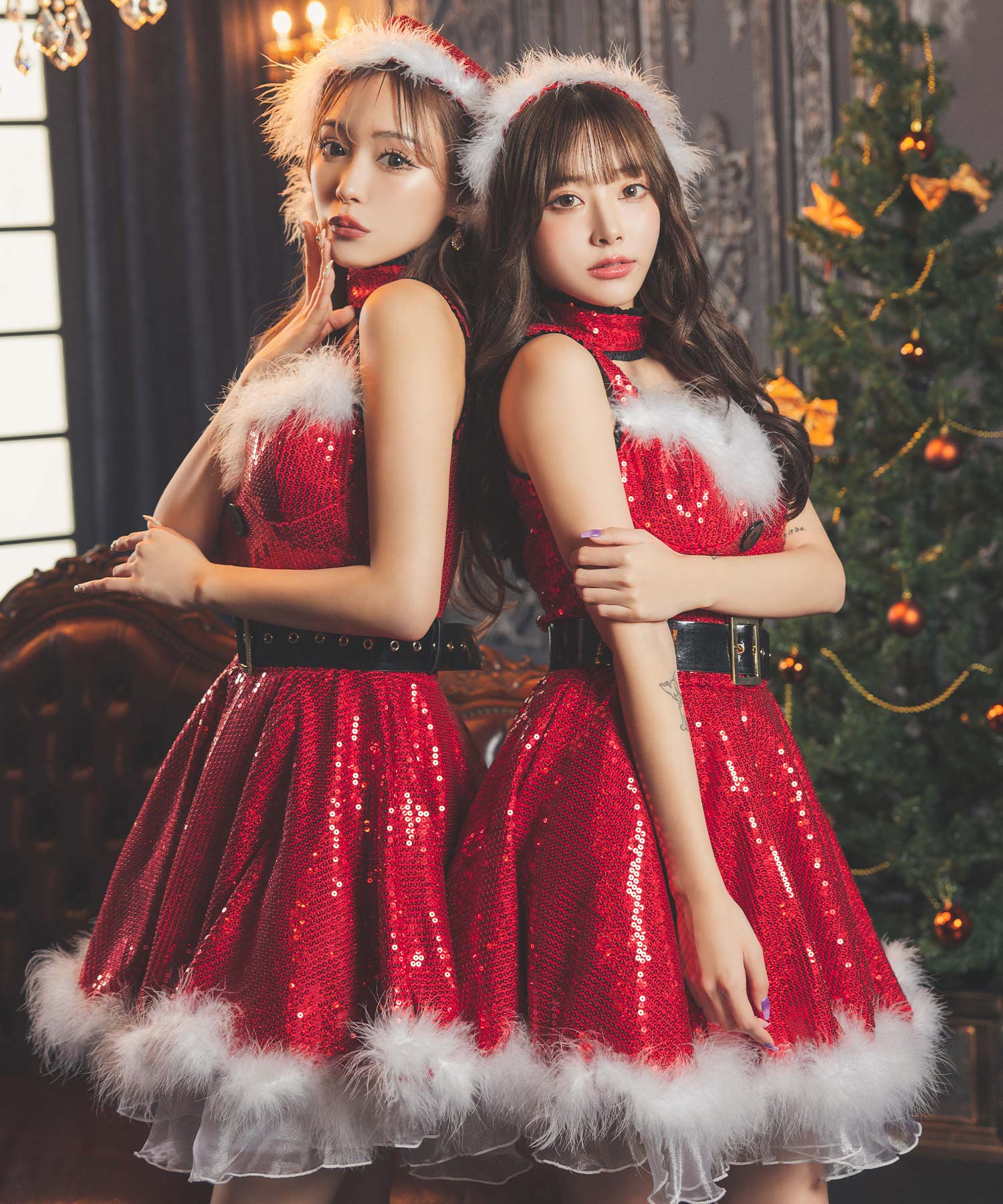 ティカ Tika ふわふわファー付きキラキラスパンコールフレアスカート王道サンタコスプレ サンタコス 4点set【返品不可商品】