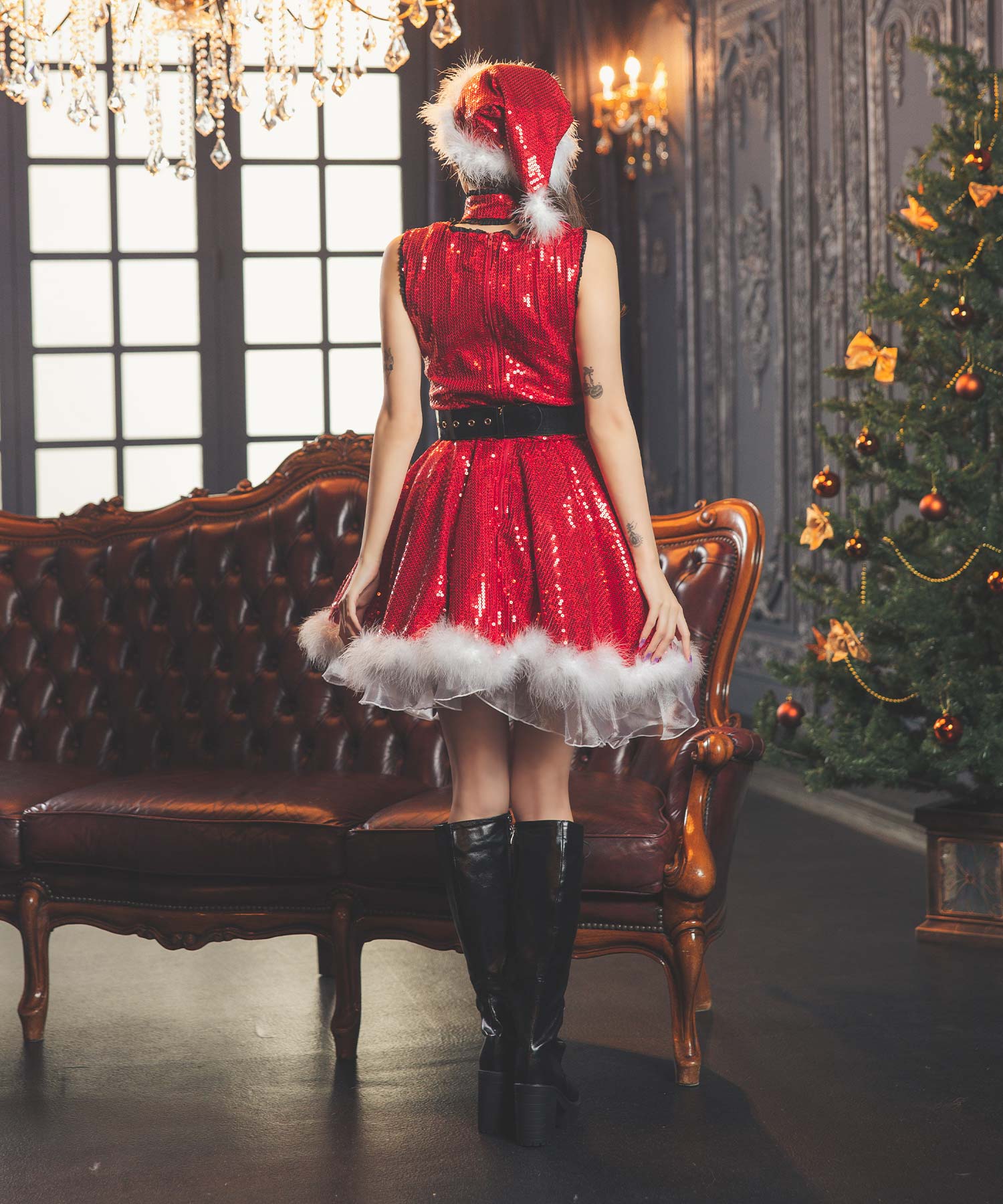 ティカ Tika ふわふわファー付きキラキラスパンコールフレアスカート王道サンタコスプレ サンタコス 4点set【返品不可商品】