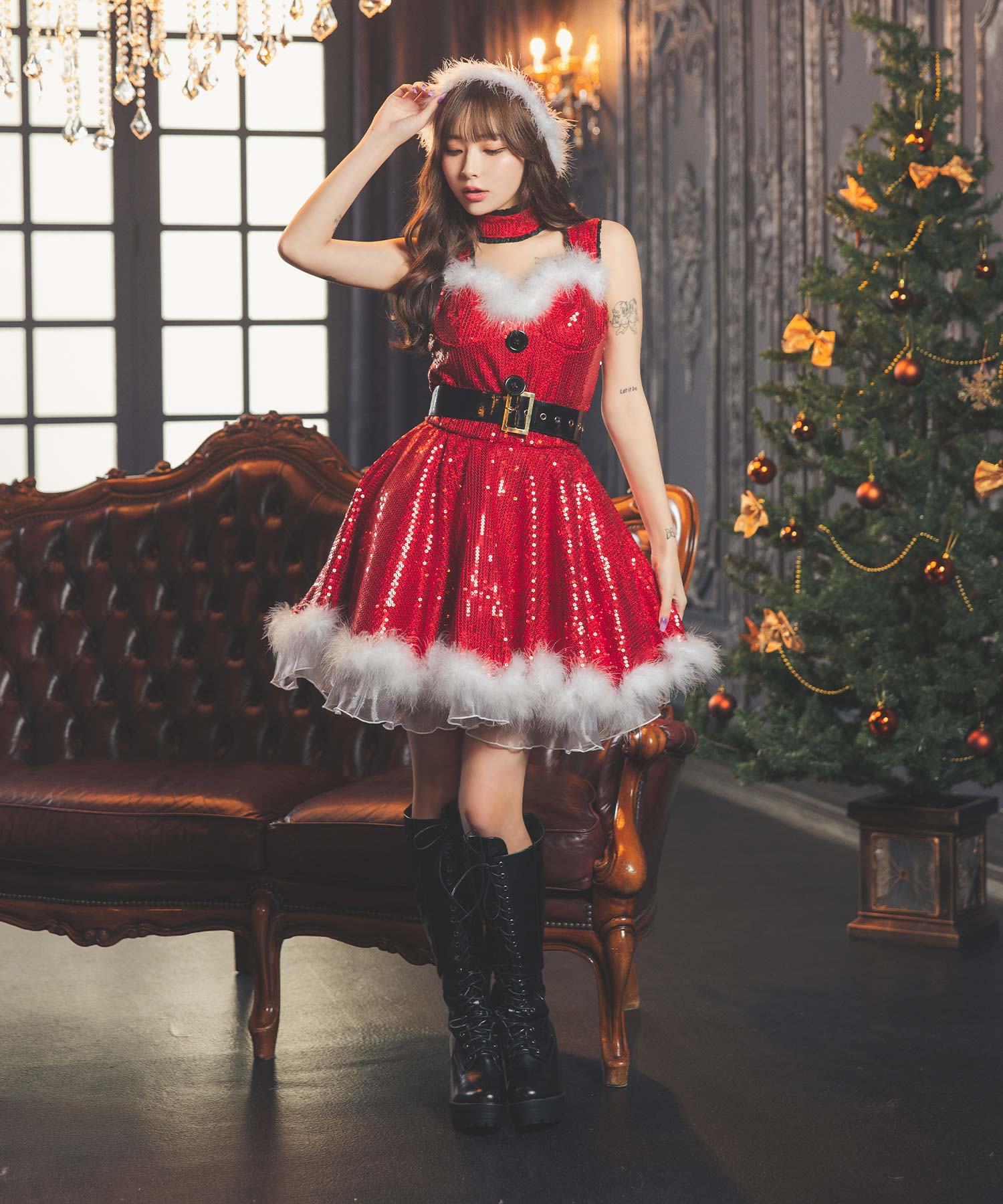 ティカ Tika ふわふわファー付きキラキラスパンコールフレアスカート王道サンタコスプレ サンタコス 4点set【返品不可商品】