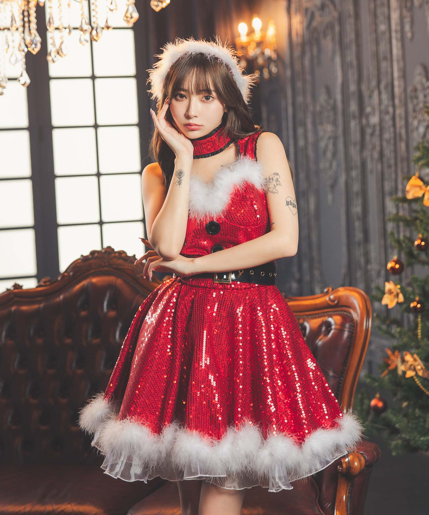 ティカ Tika ふわふわファー付きキラキラスパンコールフレアスカート王道サンタコスプレ サンタコス 4点set【返品不可商品】