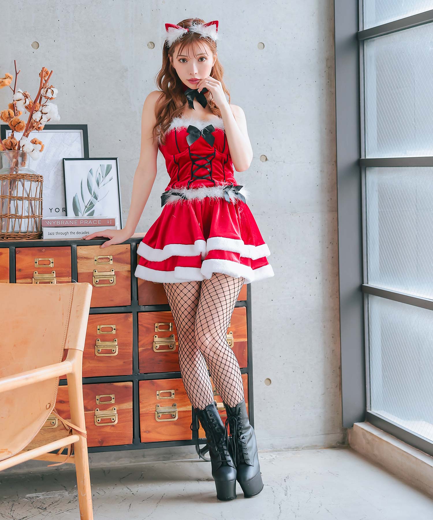 ティカ Tika ふわふわファー付きバックスピンドルビスチェセパレート2段フレアスカート猫アニマルサンタコスプレ サンタコス 4点set【返品不可商品】(レッド) レッド