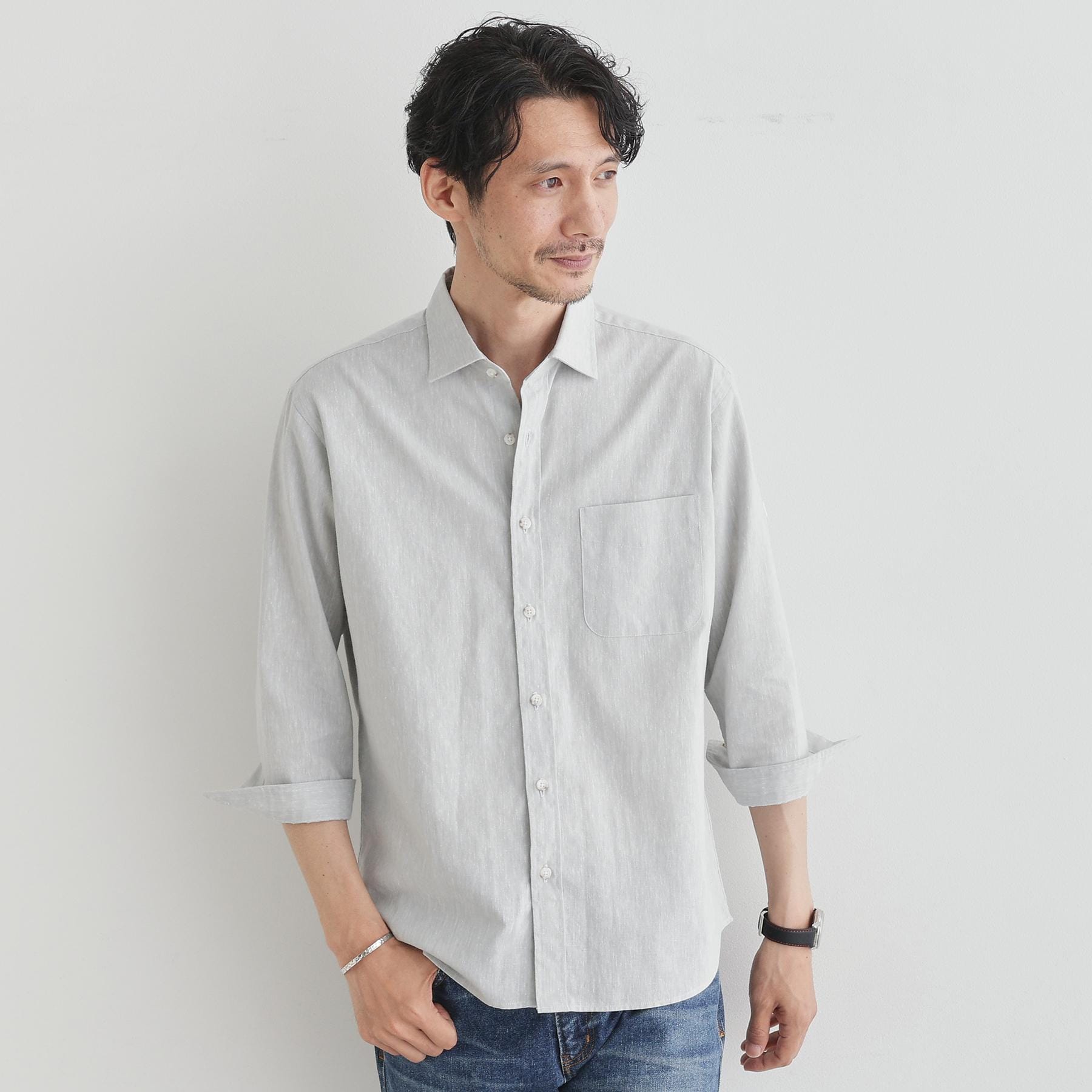 タケオキクチ TAKEO KIKUCHI 【Sサイズ~】ハイブリッド リネン 7分袖 シャツ (ライトグレー(011)) ライトグレー(011)