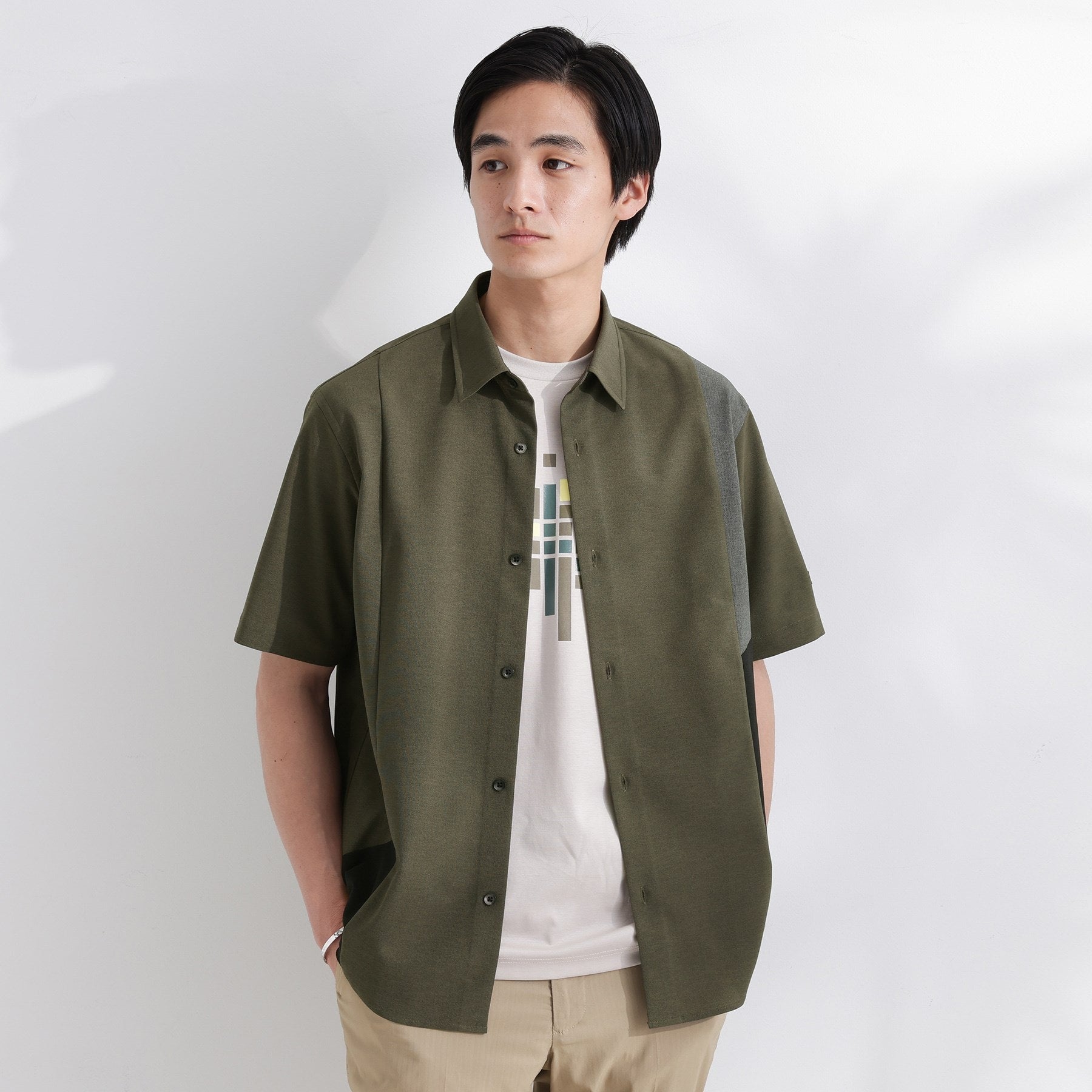 タケオキクチ TAKEO KIKUCHI サイド切り替え 半袖シャツ (グリーン(524)) グリーン(524)