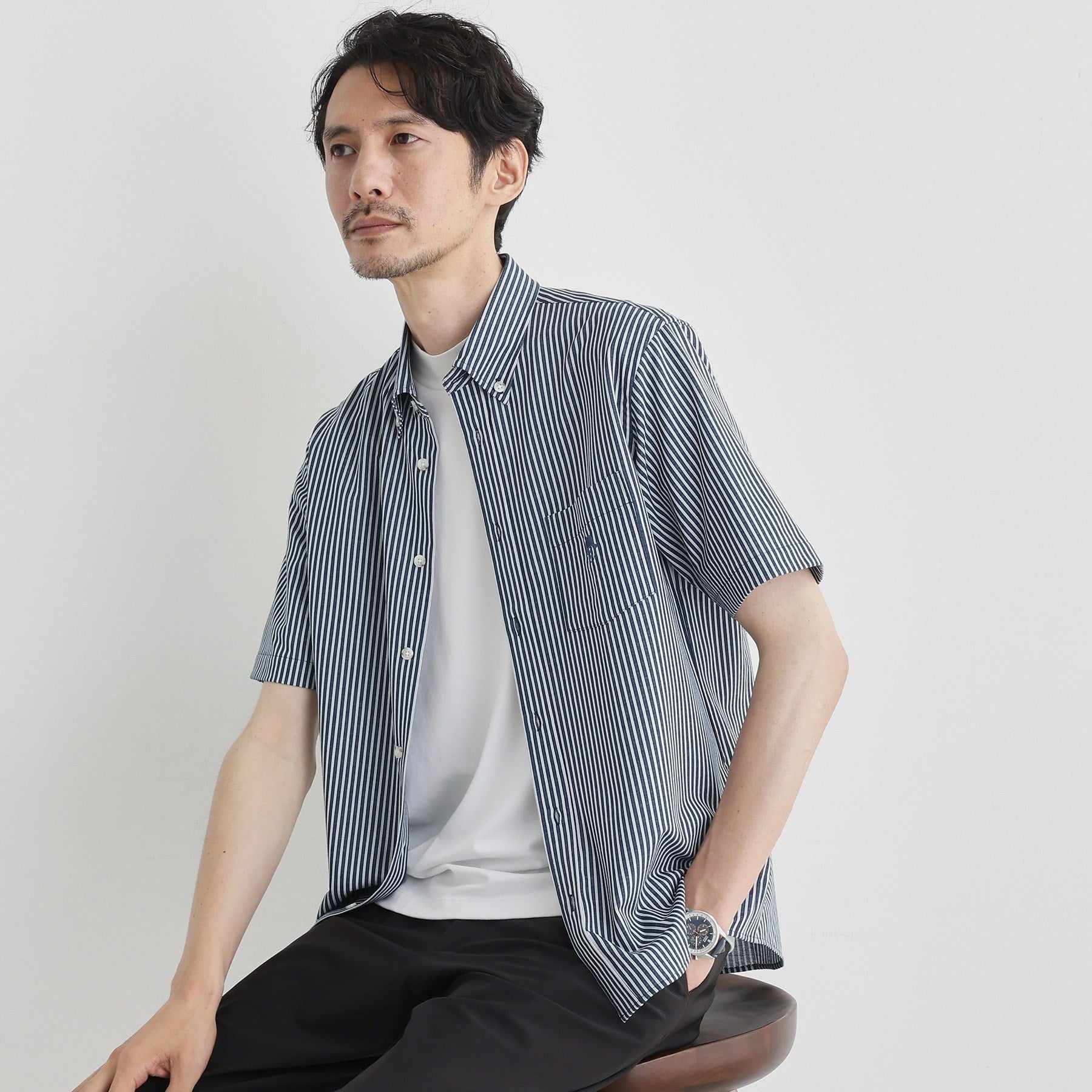 タケオキクチ TAKEO KIKUCHI 【接触冷感】ストライプジャージ ボタンダウンシャツ (ネイビー(394)) ネイビー(394)