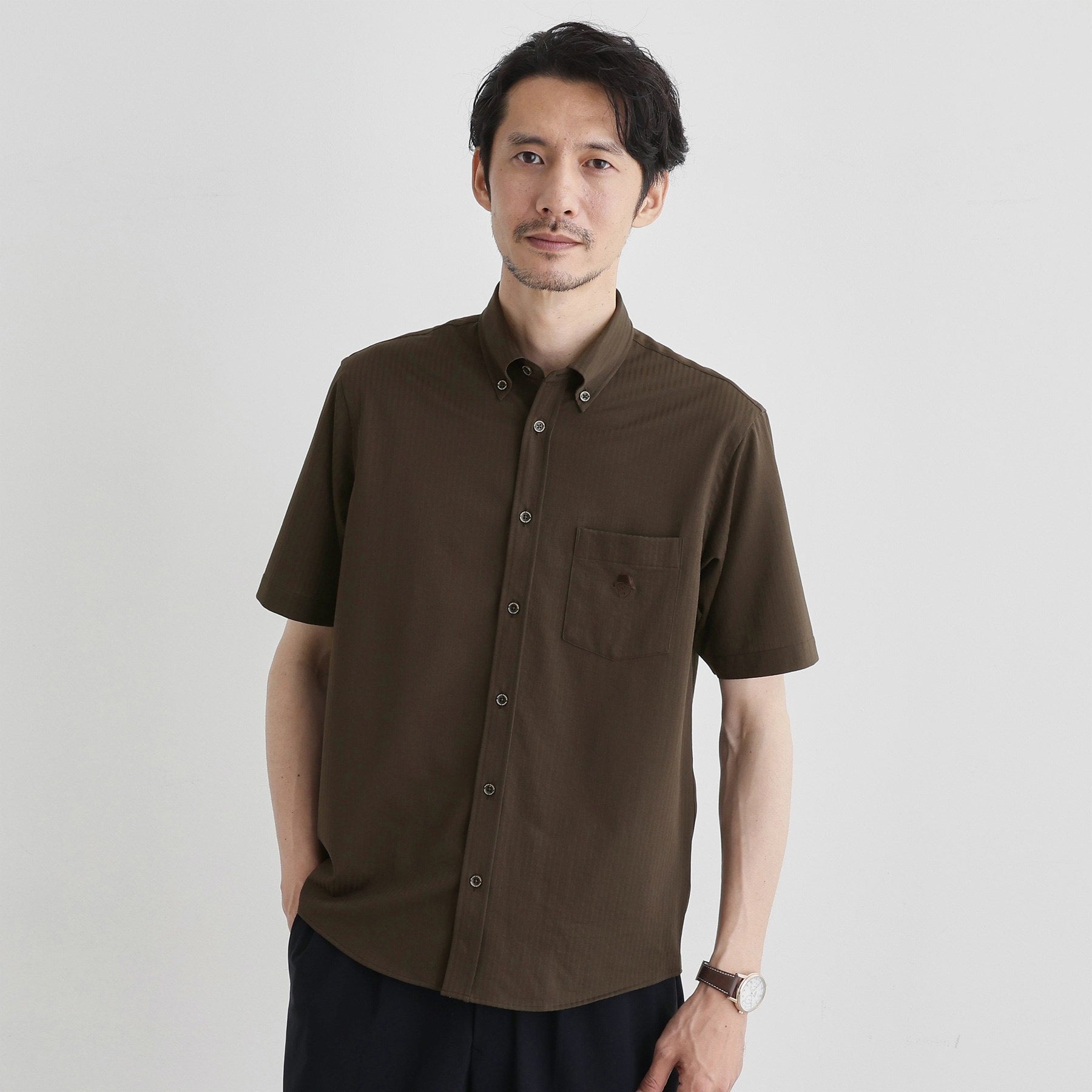 タケオキクチ TAKEO KIKUCHI 【接触冷感】ストライプジャージ ボタンダウンシャツ (ブラウン(044)) ブラウン(044)