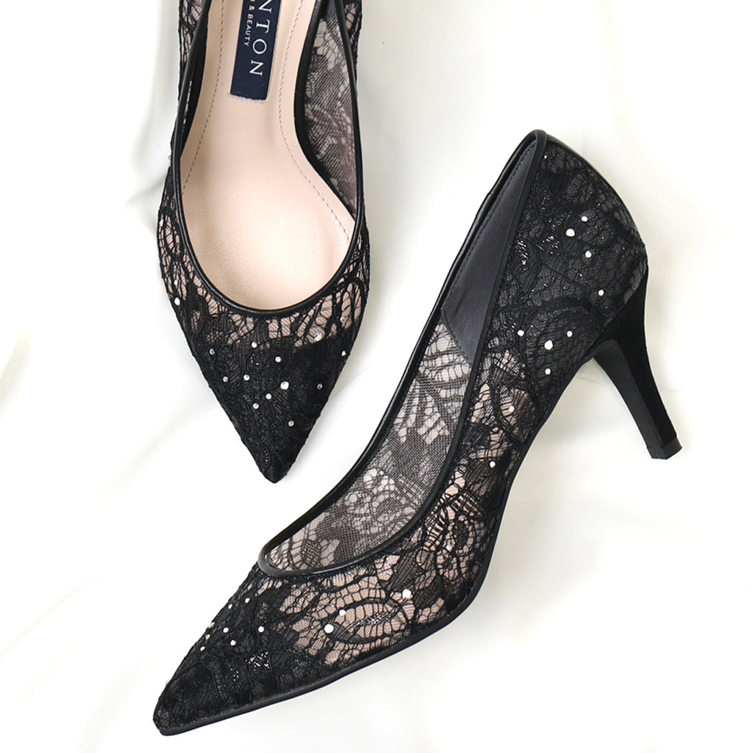 タラントン バイ ダイアナ TALANTON by DIANA ストーン付きチュールレースシアーヒールパンプス (黒生地) 黒生地