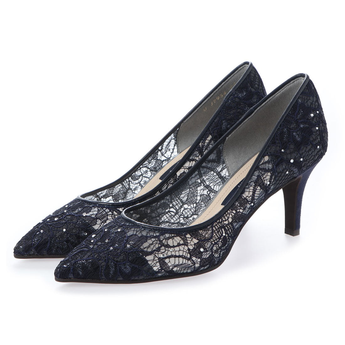 タラントン バイ ダイアナ TALANTON by DIANA ストーン付きチュールレースシアーヒールパンプス (ダークブルー生地) ダークブルー生地