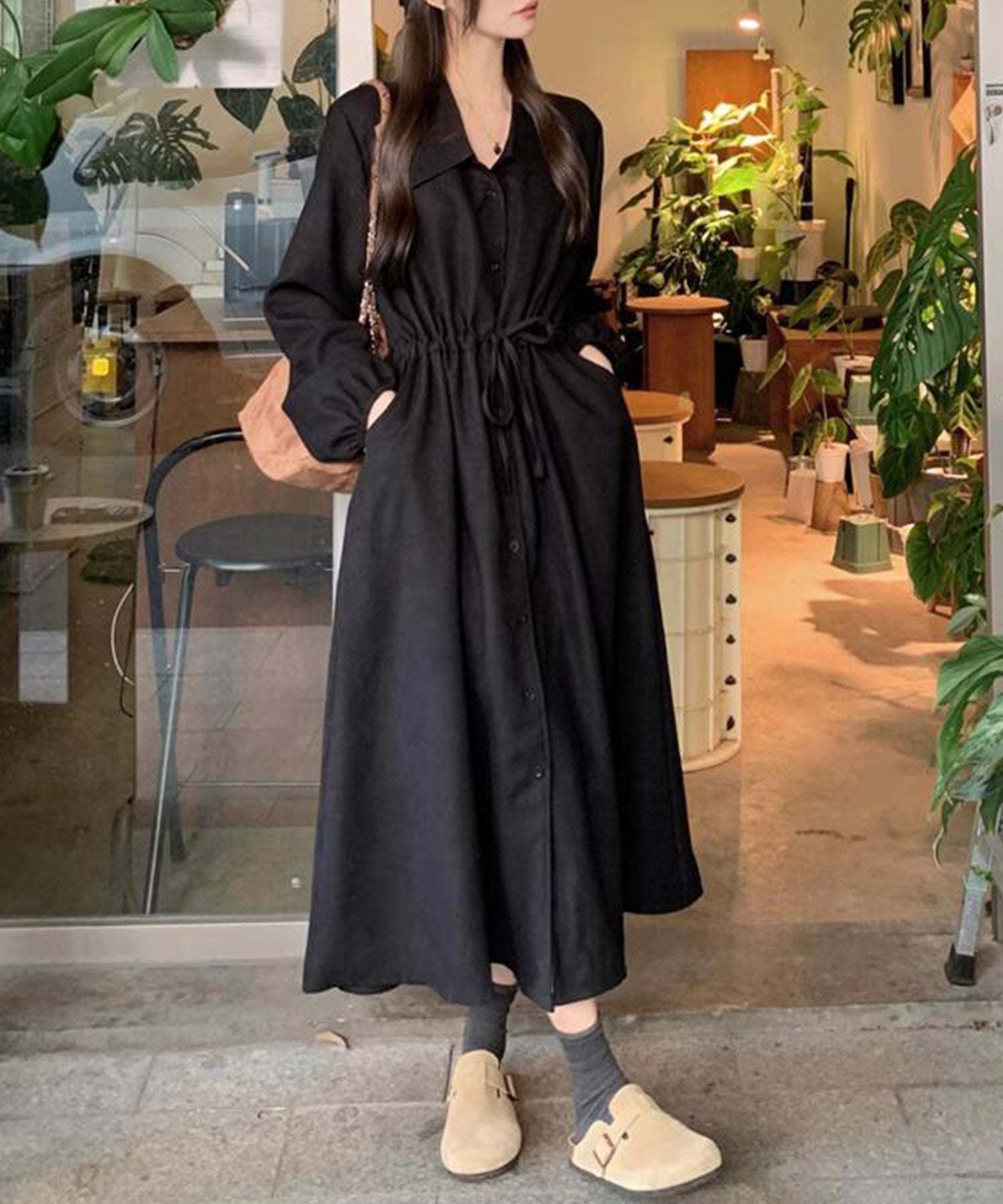 Teddyshop Women's Long Sleeve Waist Mark Corduroy Shirt Dress