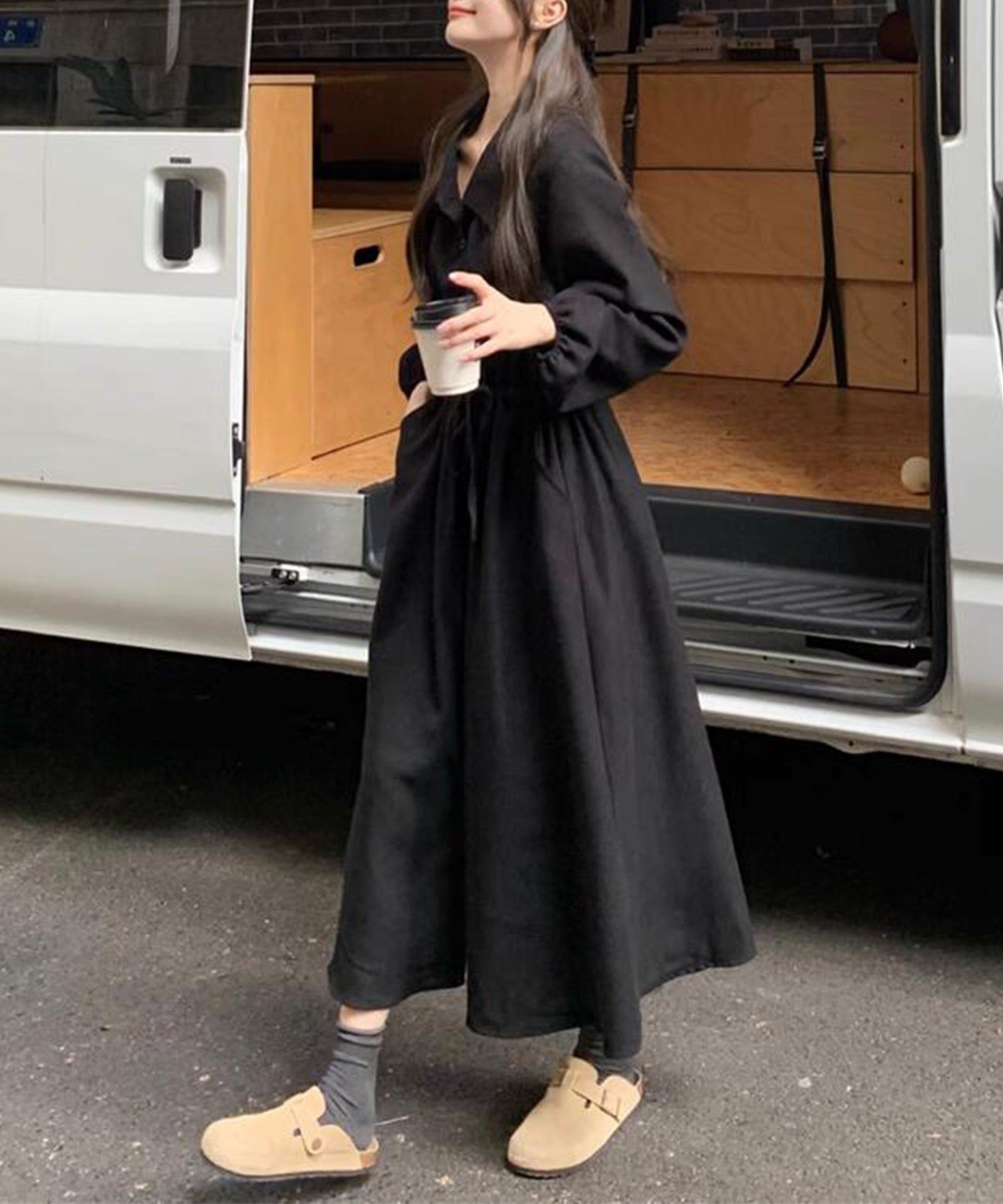 テディショップ Teddyshop レディース 長袖ウエストマークコーデュロイシャツワンピース (ブラック) ブラック