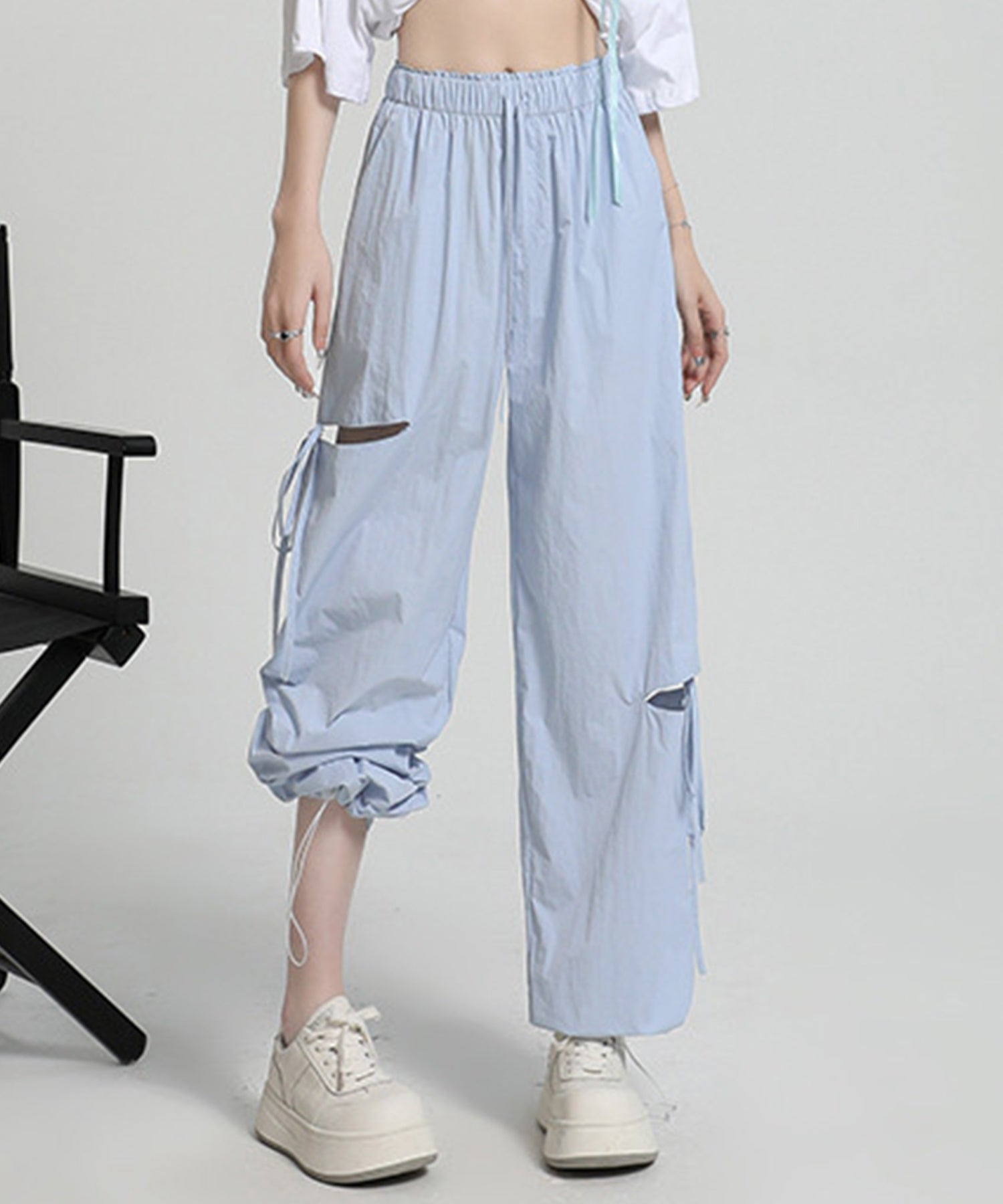 テディショップ Teddyshop レディース リボン付きで韓国っぽ。サイドカットパラシュートカーゴパンツ (サックス) サックス