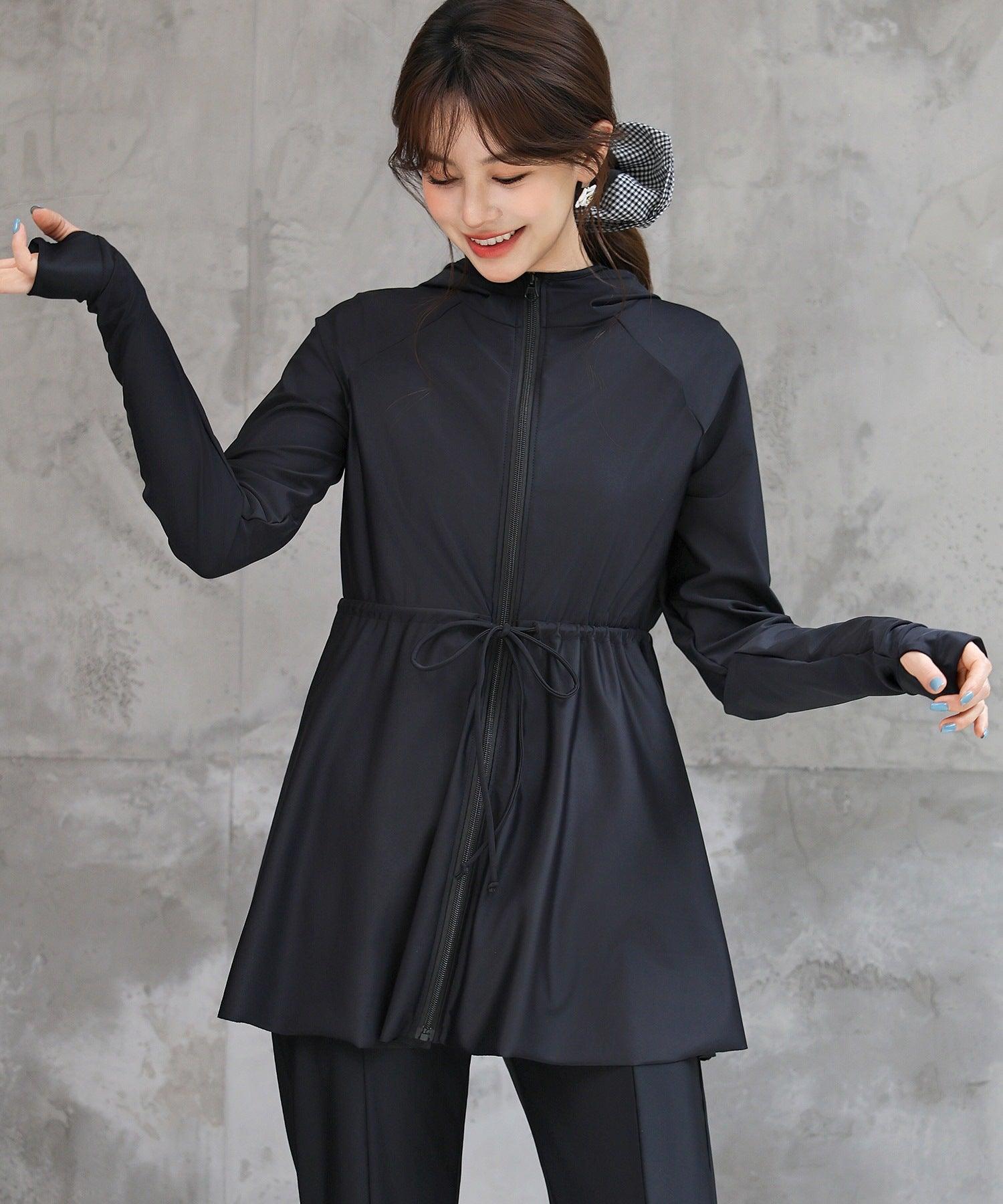 テディショップ Teddyshop 【UVカット率 99.9%以上】レディース水着 長袖フード付きハイネックジップアップ体型カバーラッシュガード (ブラック) ブラック