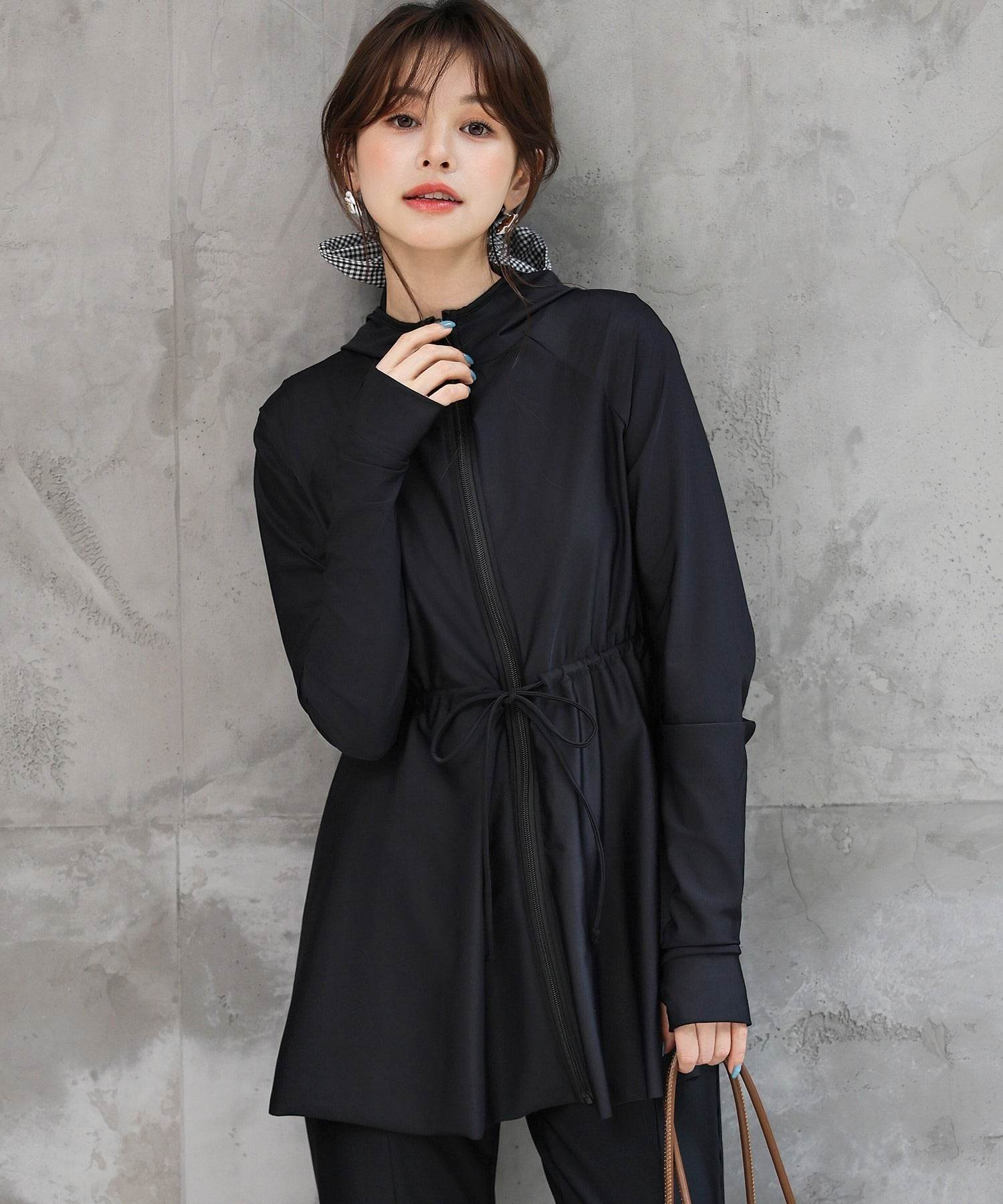 テディショップ Teddyshop 【UVカット率 99.9%以上】レディース水着 長袖フード付きハイネックジップアップ体型カバーラッシュガード (ブラック) ブラック