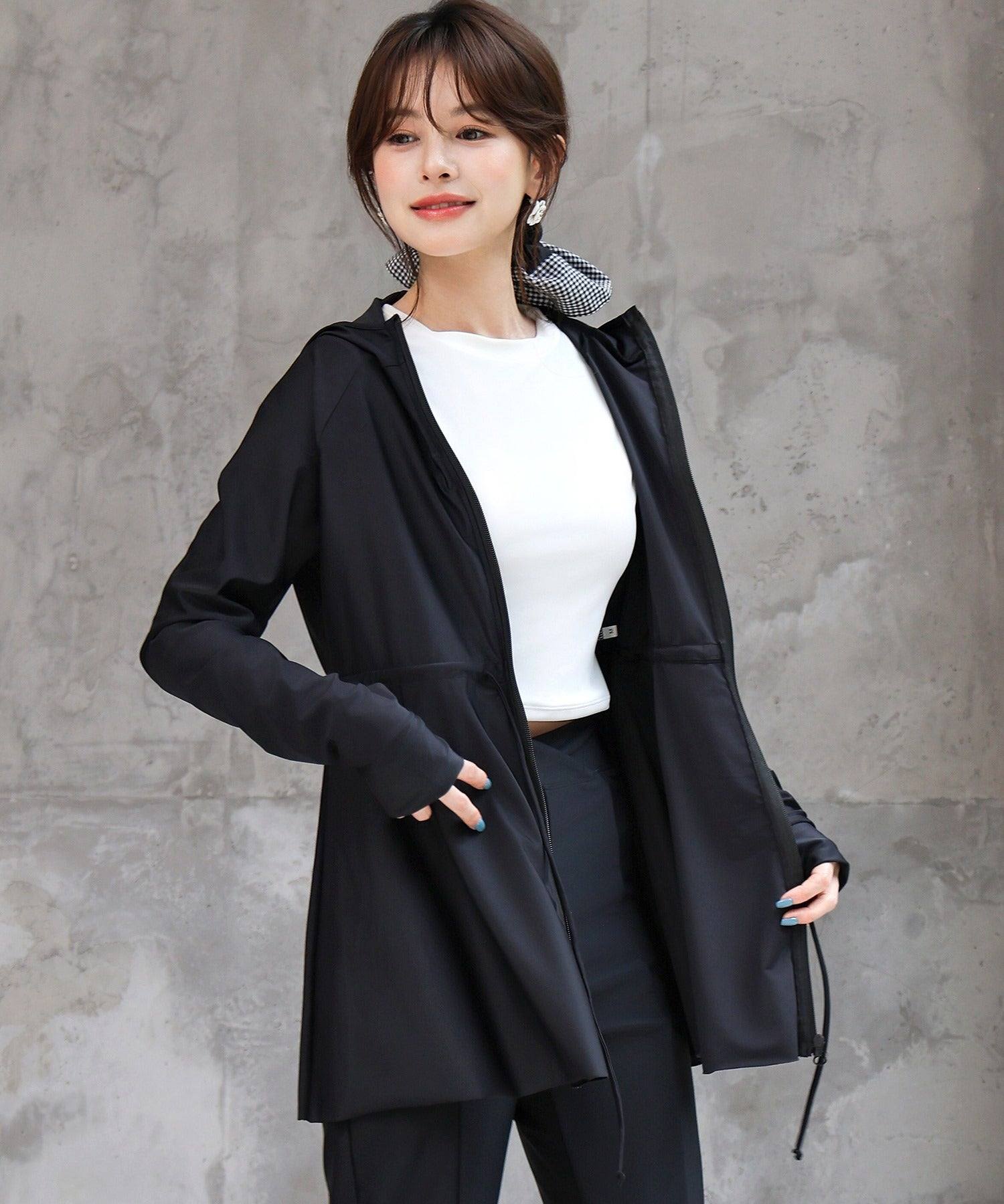 テディショップ Teddyshop 【UVカット率 99.9%以上】レディース水着 長袖フード付きハイネックジップアップ体型カバーラッシュガード (ブラック) ブラック