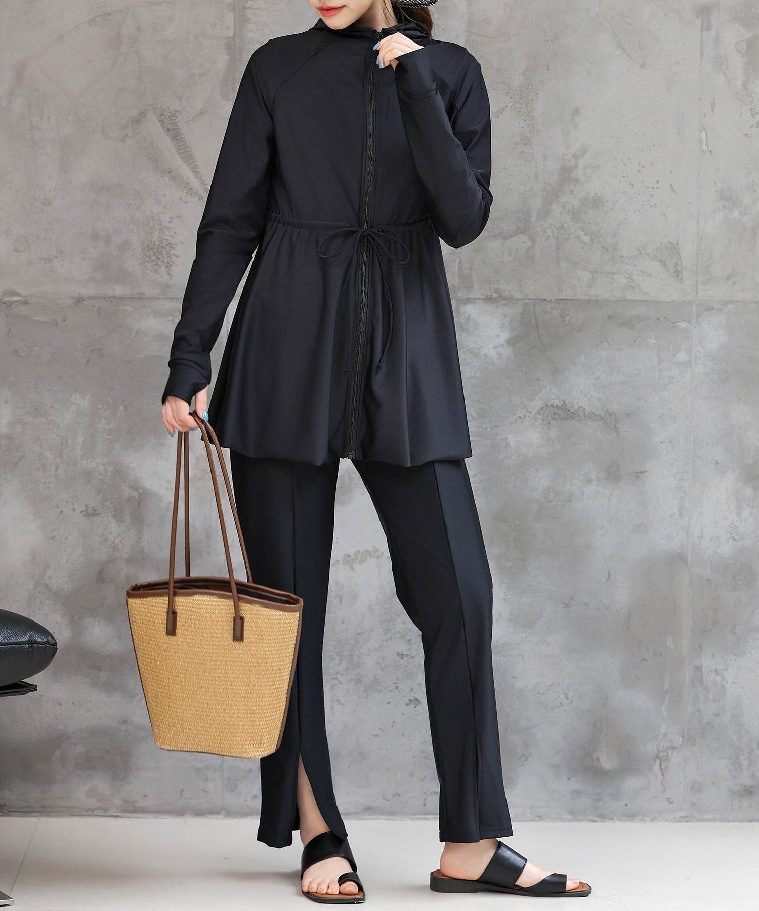 テディショップ Teddyshop 【UVカット率 99.9%以上】レディース水着 長袖フード付きハイネックジップアップ体型カバーラッシュガード (ブラック) ブラック